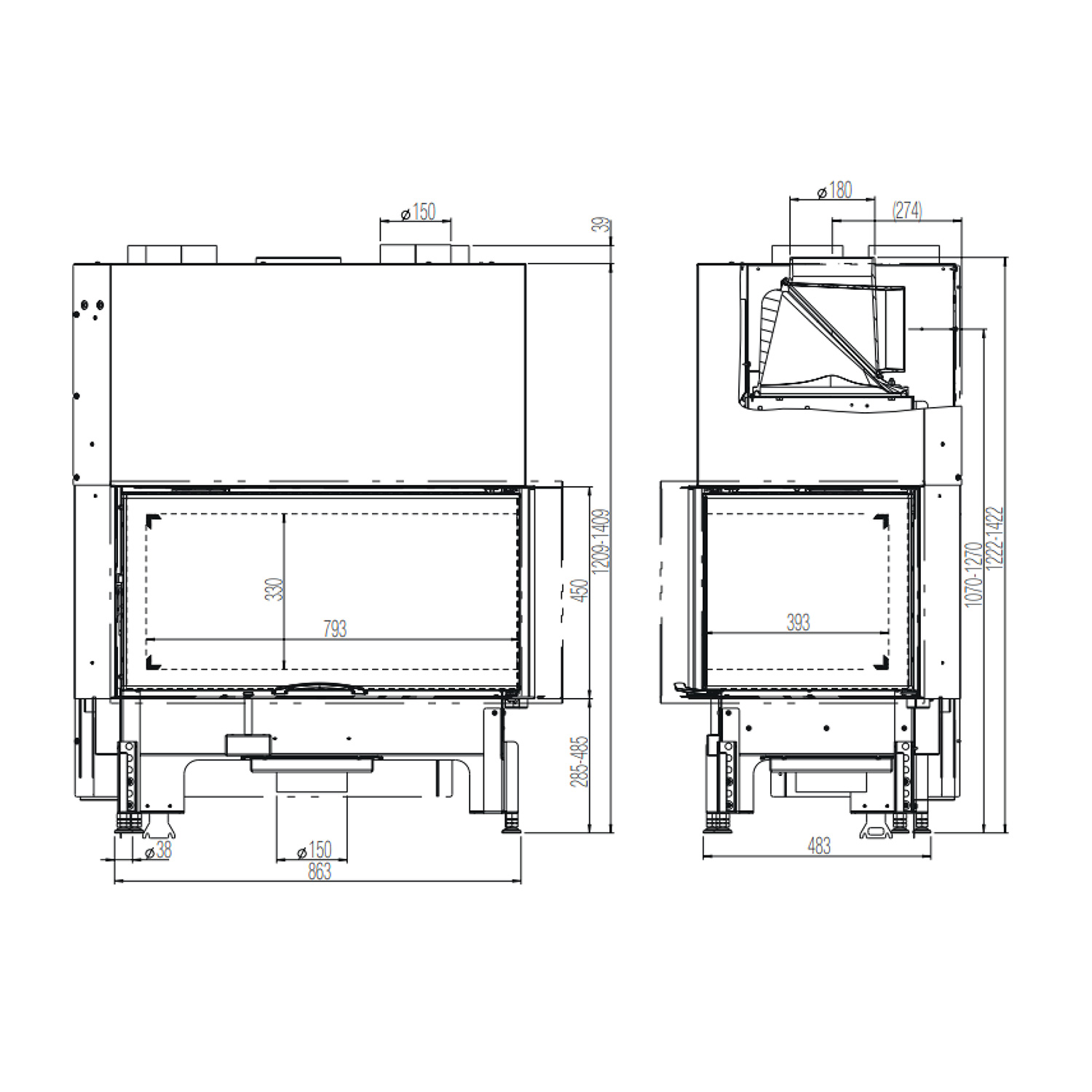 Austroflamm 89x49x45 S 2.0 Kamineinsatz Ecke rechts