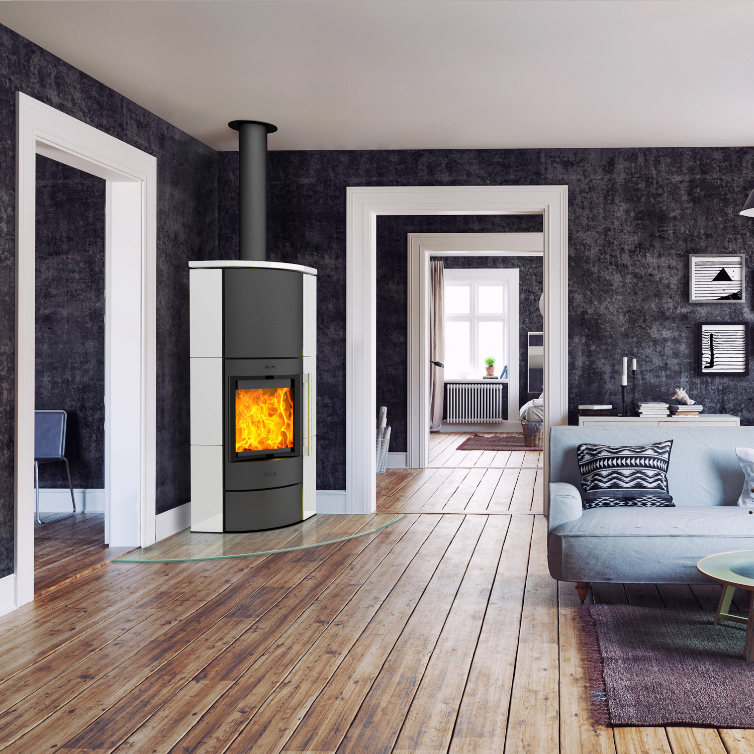 Fireplace Adelaide Eckkaminofen Stahl Schwarz | Keramik Mattweiß