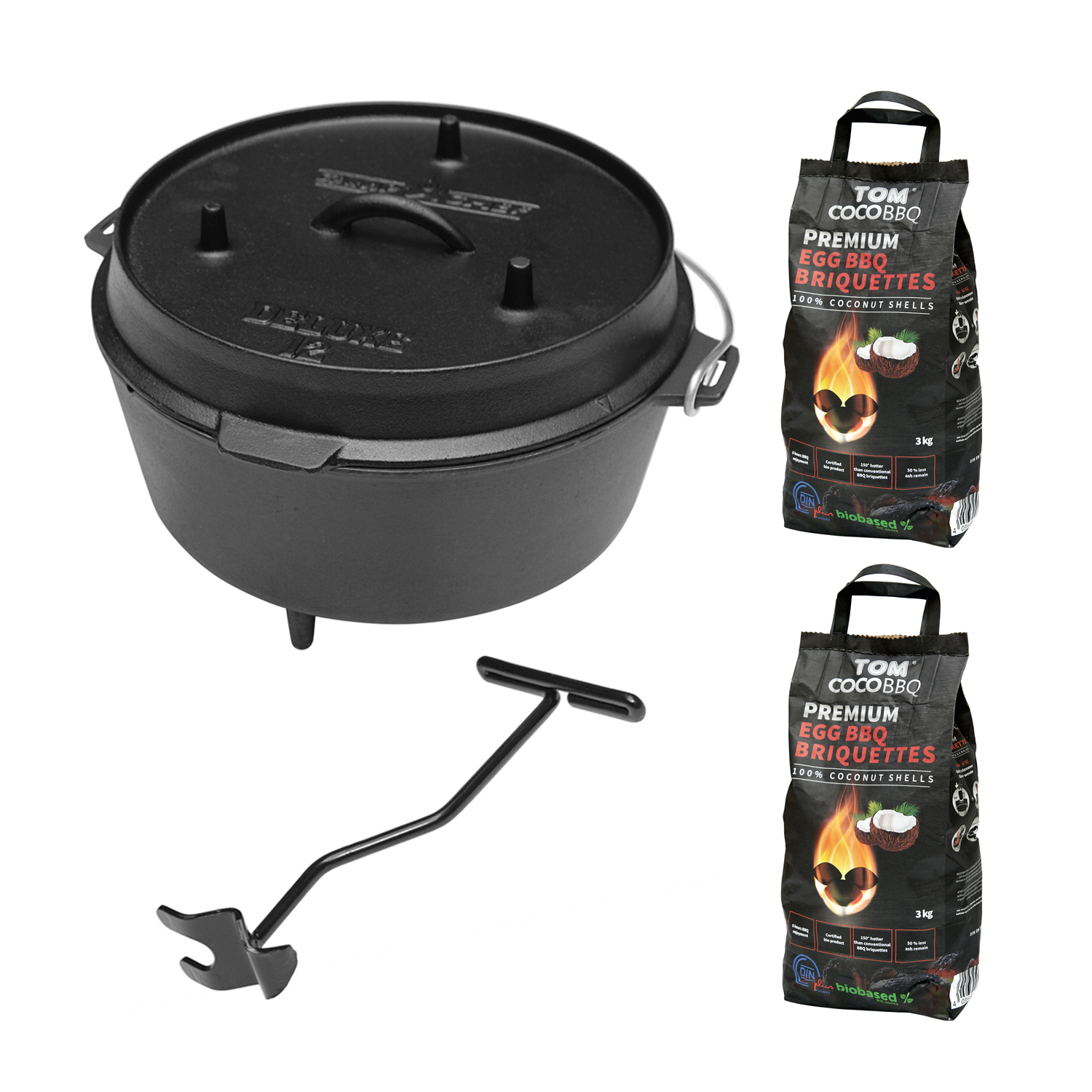 Camp Chef Deluxe Dutch Oven DO-12 + TOM COCO Grill-Kokoskohlebriketts 2er-Pack