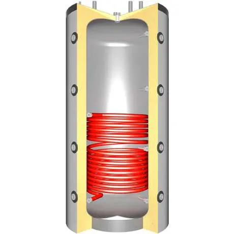 Pufferspeicher mit spiralförmigem Wärmetauscher.