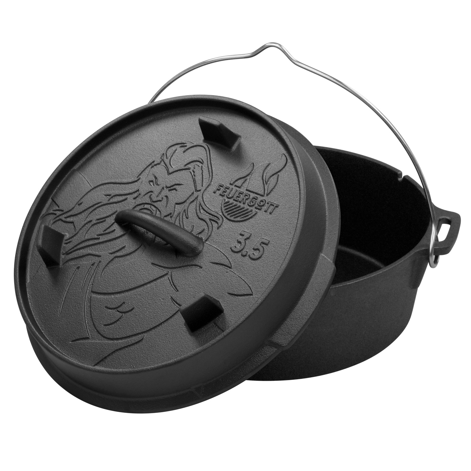 FEUERGOTT Dutch Oven 3,5 l + Dutch Oven 1,5 l + Deckelheber + Ringreiniger + Grill-Briketts