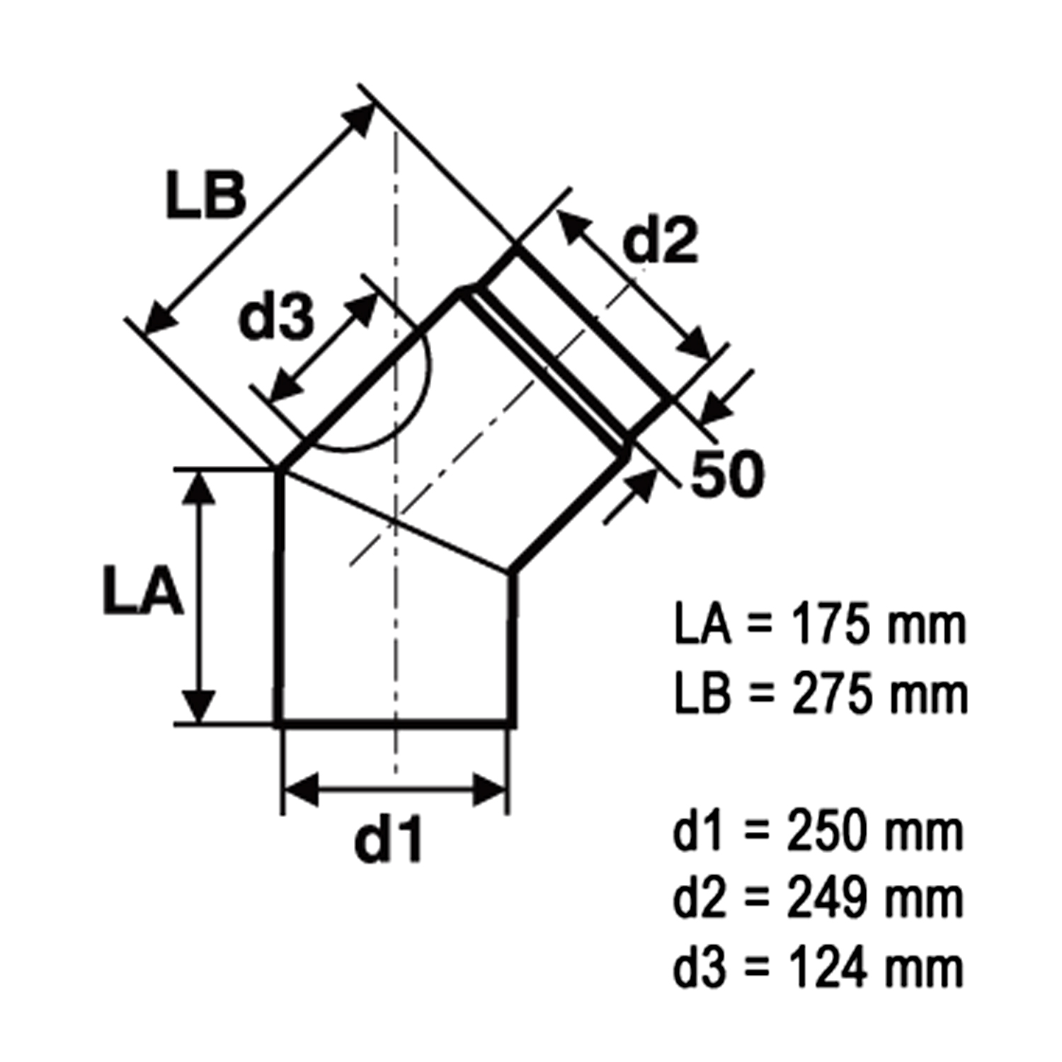 Raik Rauchrohrbogen / Ofenrohr 250mm - 45° mit Reinigungsöffnung schwarz