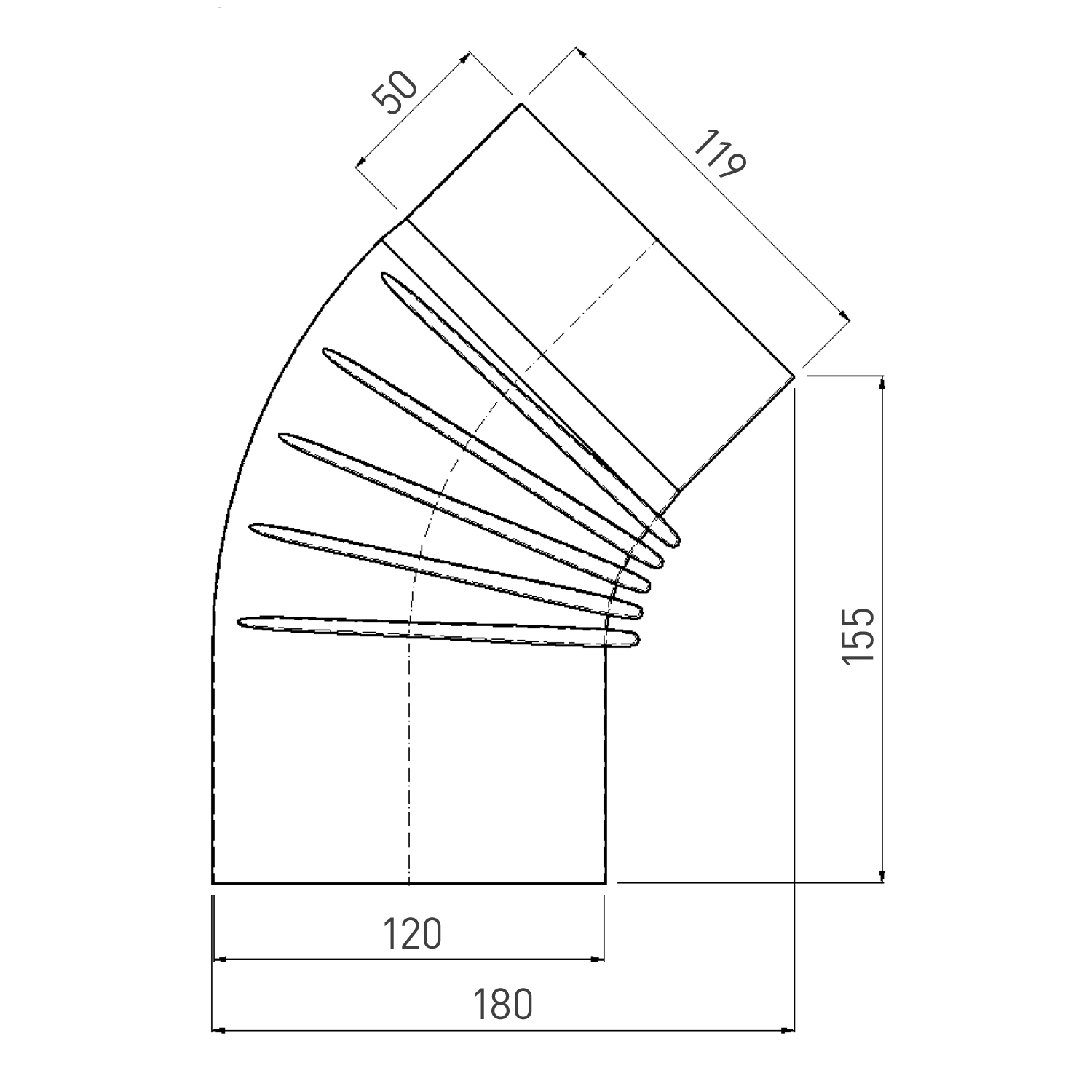 Raik Rauchrohrbogen / Ofenrohrbogen Emaille 120mm - 45° Bogen gerippt Elfenbein