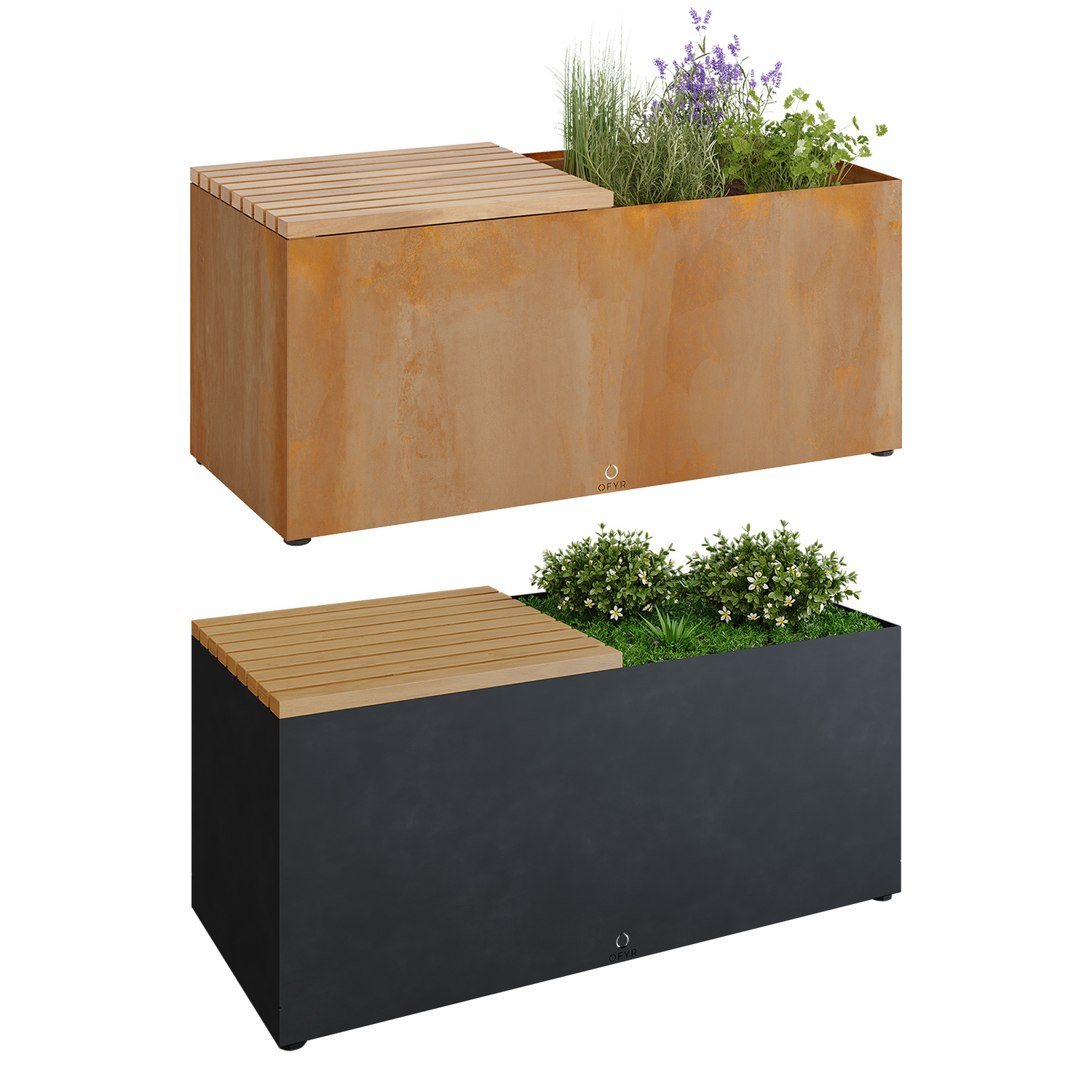 OFYR Gartenbank Black mit Pflanzenschale