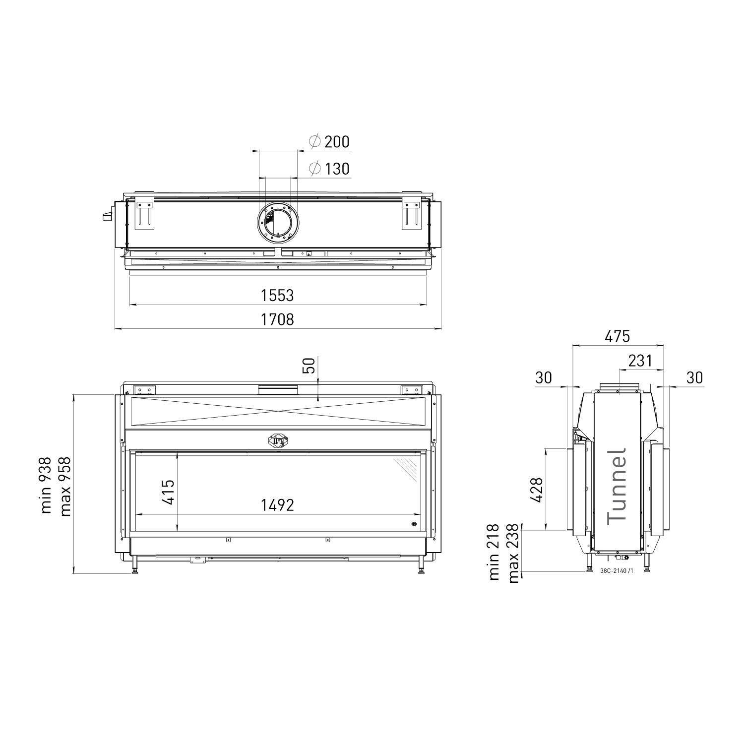 Spartherm DRU Metro 150XT-41 Tunnel RCH Gas-Kamineinsatz G25 / Schwarz