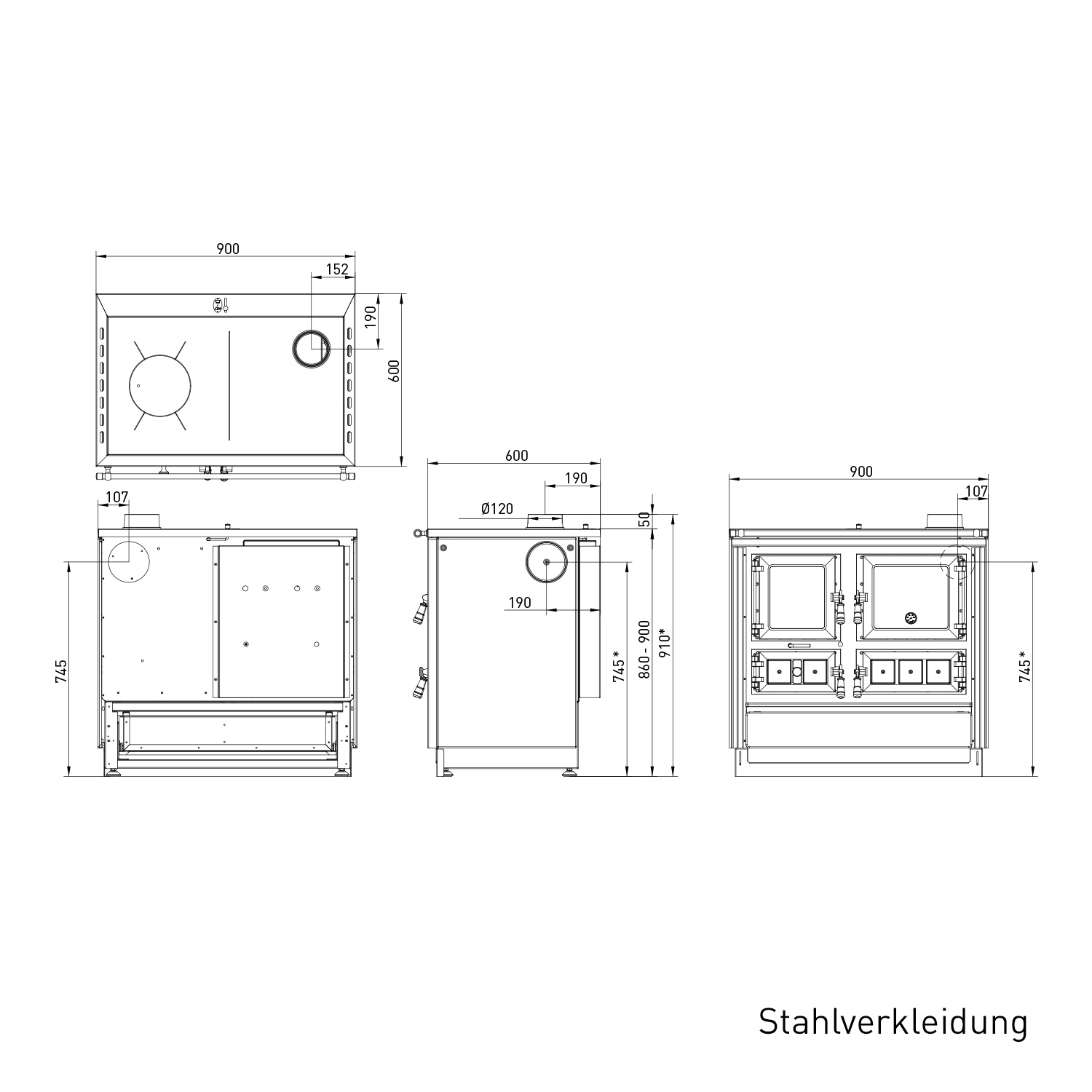 Justus Rustico-90 2.0 Küchenofen Stahl Schwarz, Backfach rechts