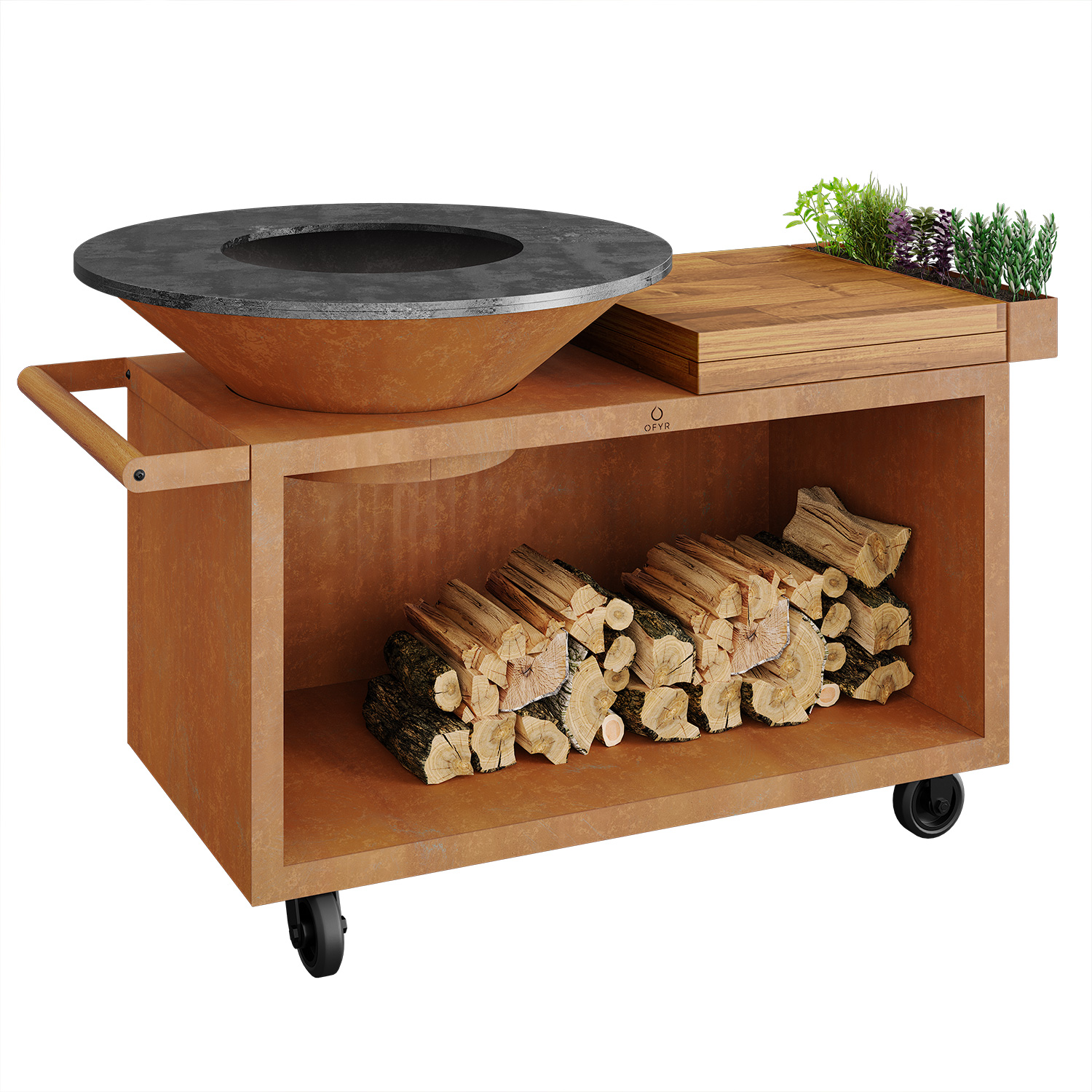 OFYR Island Corten 100 PRO Grill & Feuerstelle mit Arbeitsplatte Teakholz