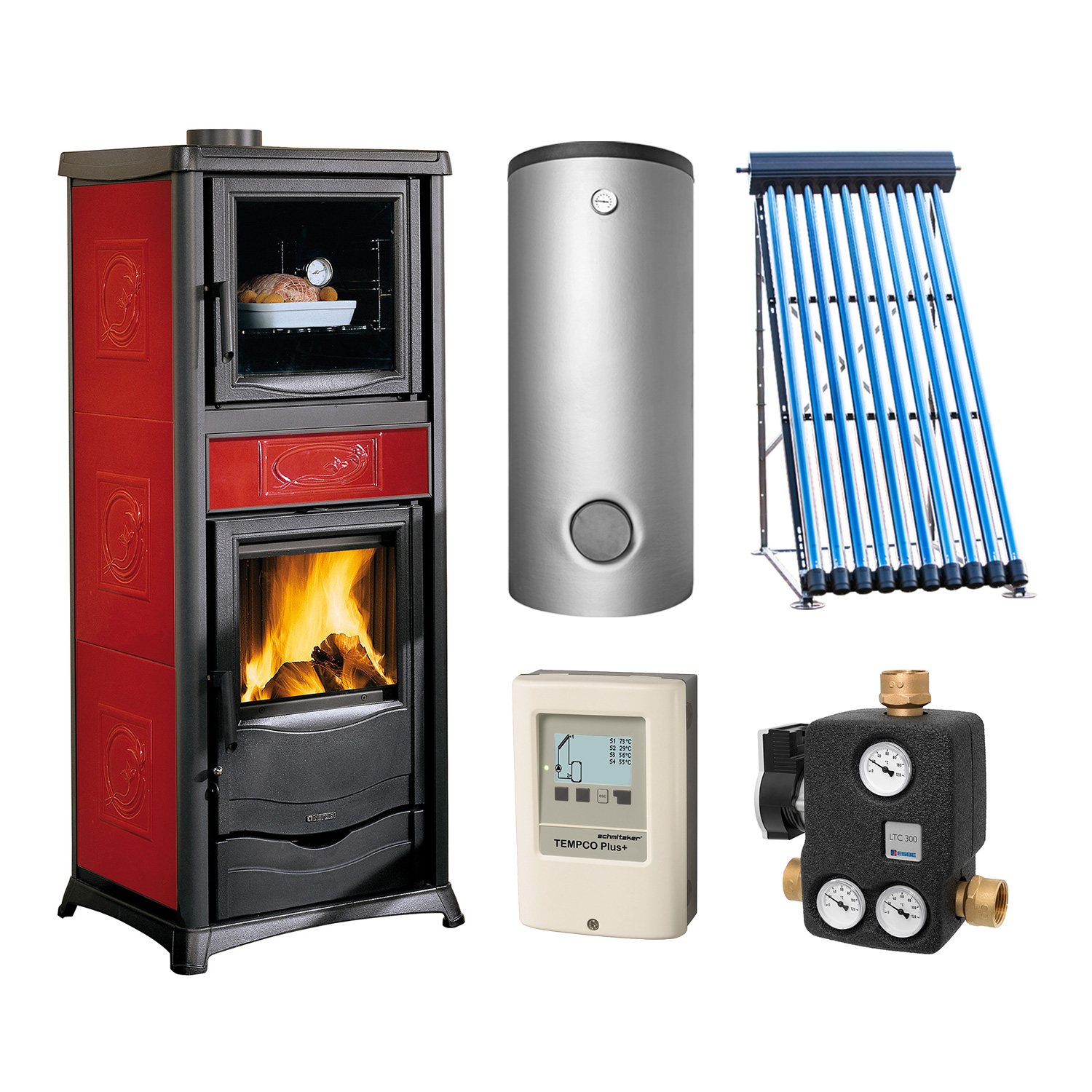 La Nordica Termorossella Plus Forno DSA 4.0 Wasserführender Kaminofen Liberty Bordeaux Komplett-Set + Solarthermie-Set 4 (15,17 m²) + Pufferspeicher TPSR 825 + 1 SWT