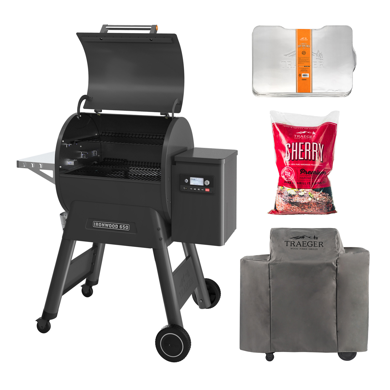 Traeger IRONWOOD 650 Pellet Grill schwarz inkl. Abdeckhaube, Ablaufblech-Schutzfolie + Hartholz Pellets Cherry 9 kg