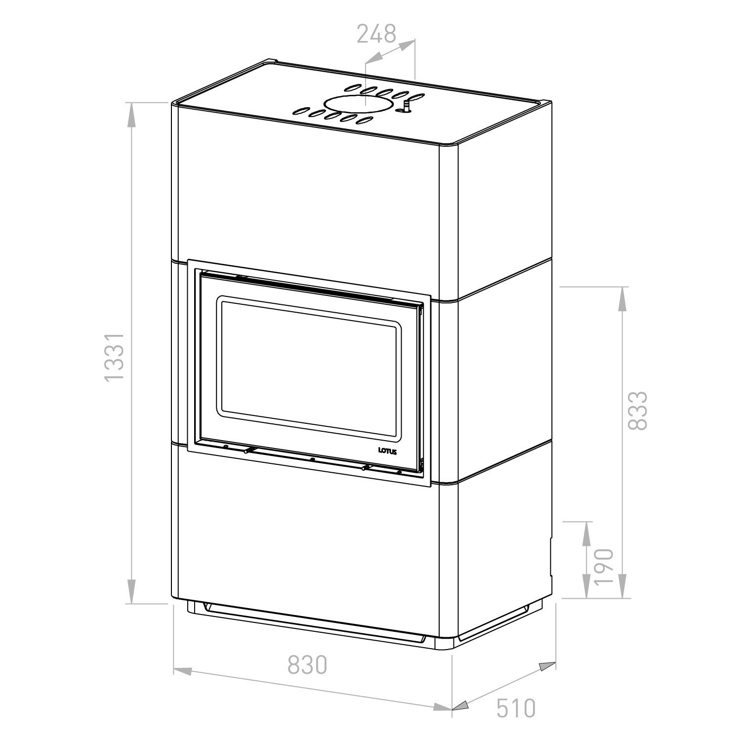 Lotus Beto 470 Kaminofen Magic Tür, Topplatte Grau, RRA hinten