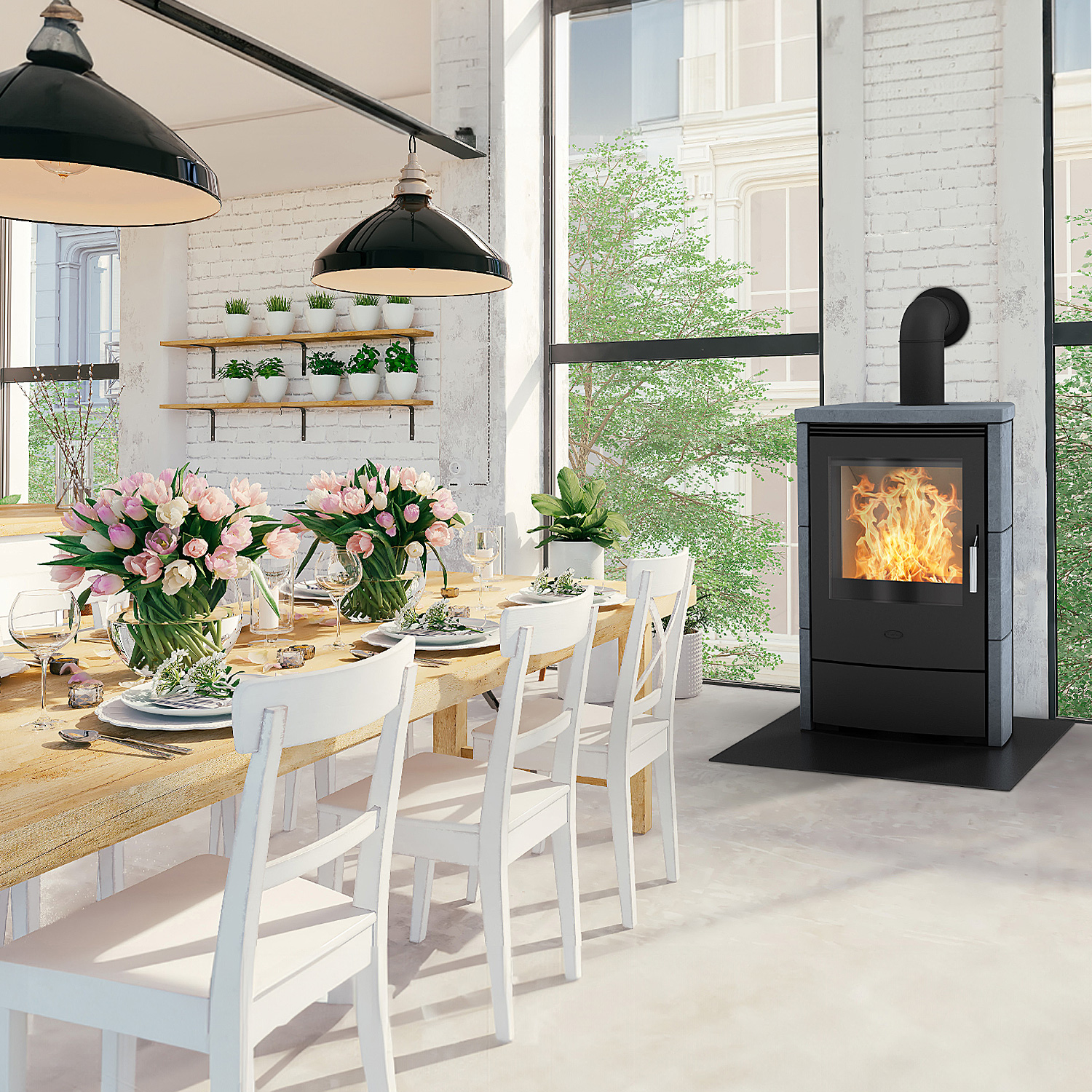 Fireplace Meltemi Dauerbrandofen Stahl Schwarz | Speckstein