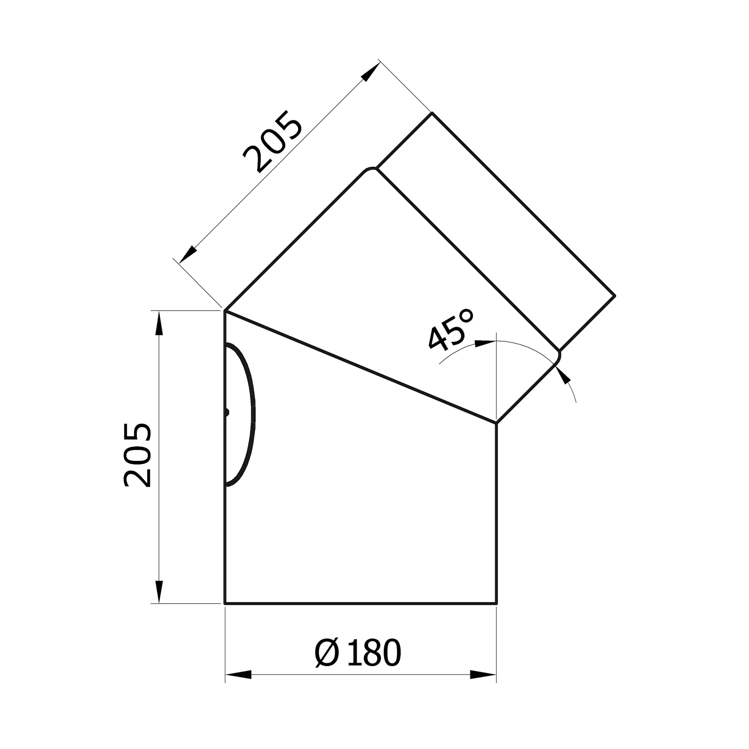 Raik Rauchrohrbogen / Ofenrohr 180mm - 45° mit Reinigungsöffnung schwarz