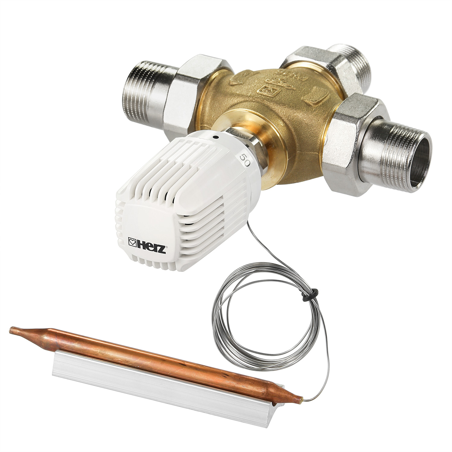 ATMOS 3-Wege-Verteilventil DN25 mit 3 Verschraubungen + Thermostatkopf 40-70 °C