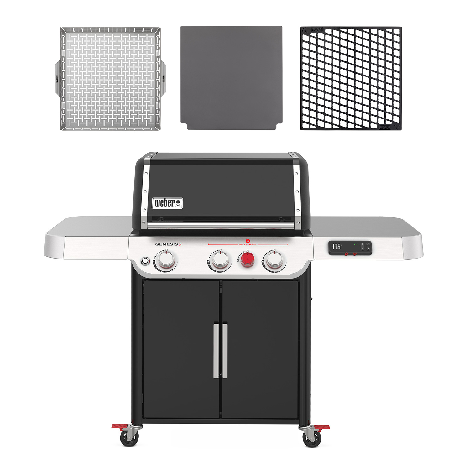 Weber Genesis EX-325S Smart Gas-Grillstation Schwarz + CRAFTED Grillkorb + CRAFTED Glasierter Pizzastein + CRAFTED Sear Grate