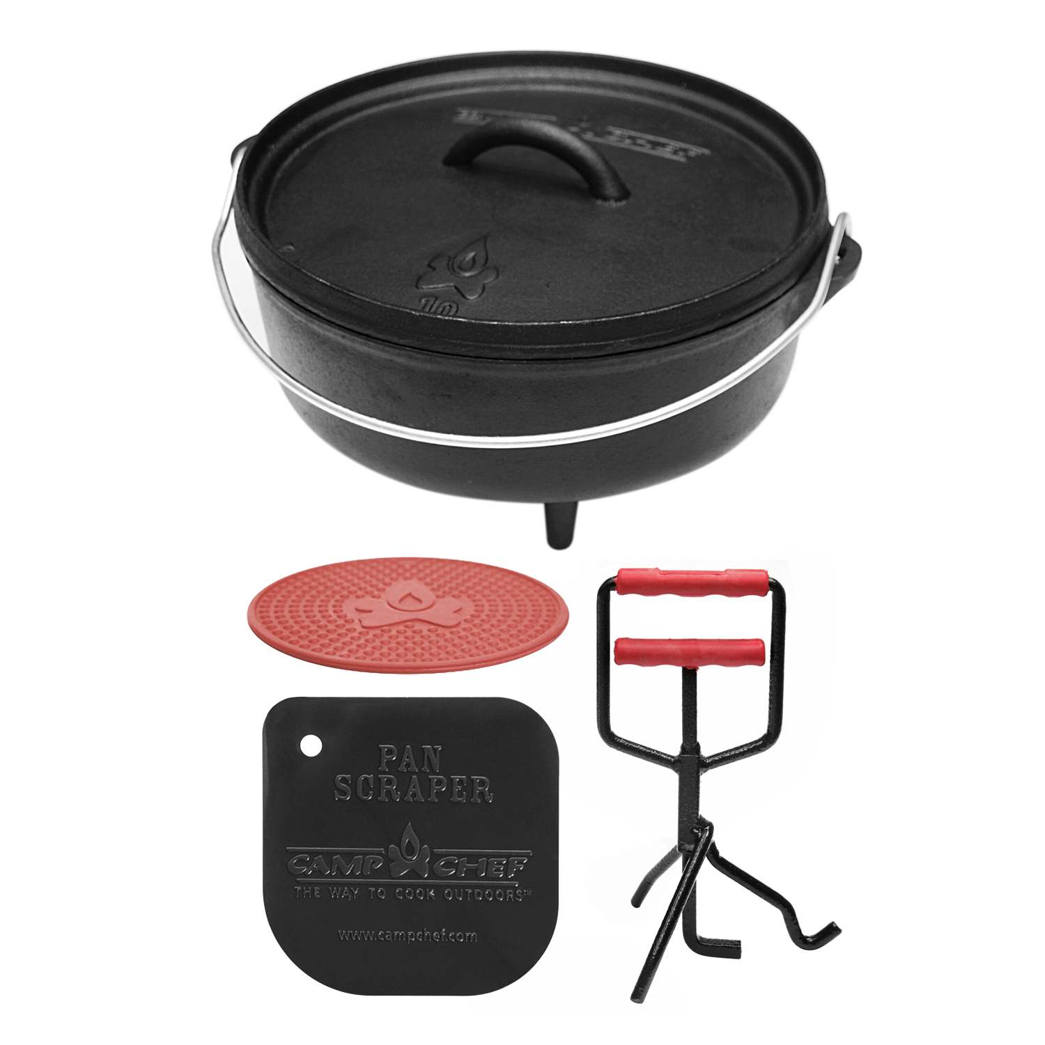 Camp Chef Set: Classic Dutch Oven SDO-10 mit Profi-Deckelheber, Hot Pad und Reinigungsschaber