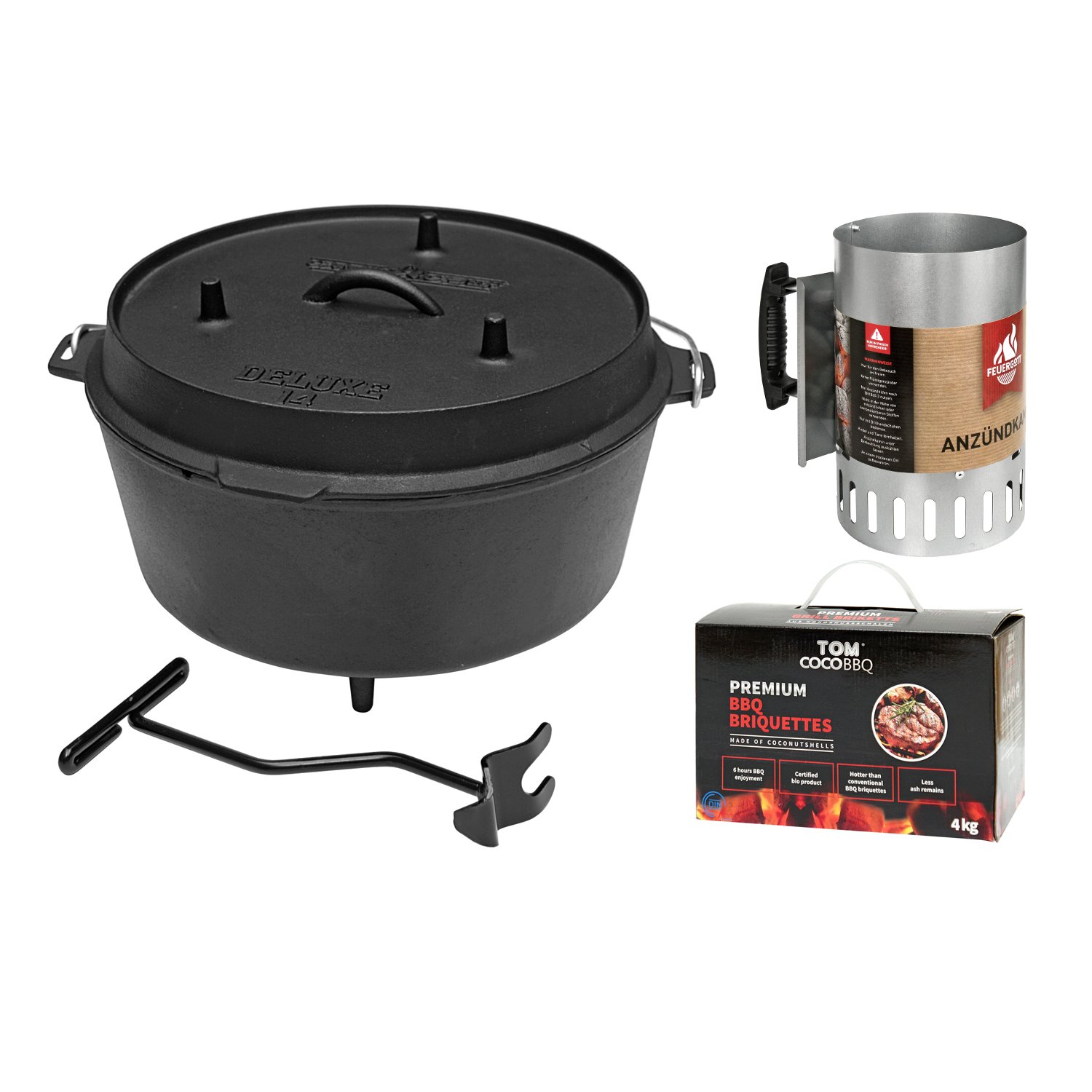 Camp Chef Deluxe Dutch Oven DO-14 mit 4 kg Tom Coco Camp Grill-Kokoskohle Briketts und Feuergott Anzündkamin