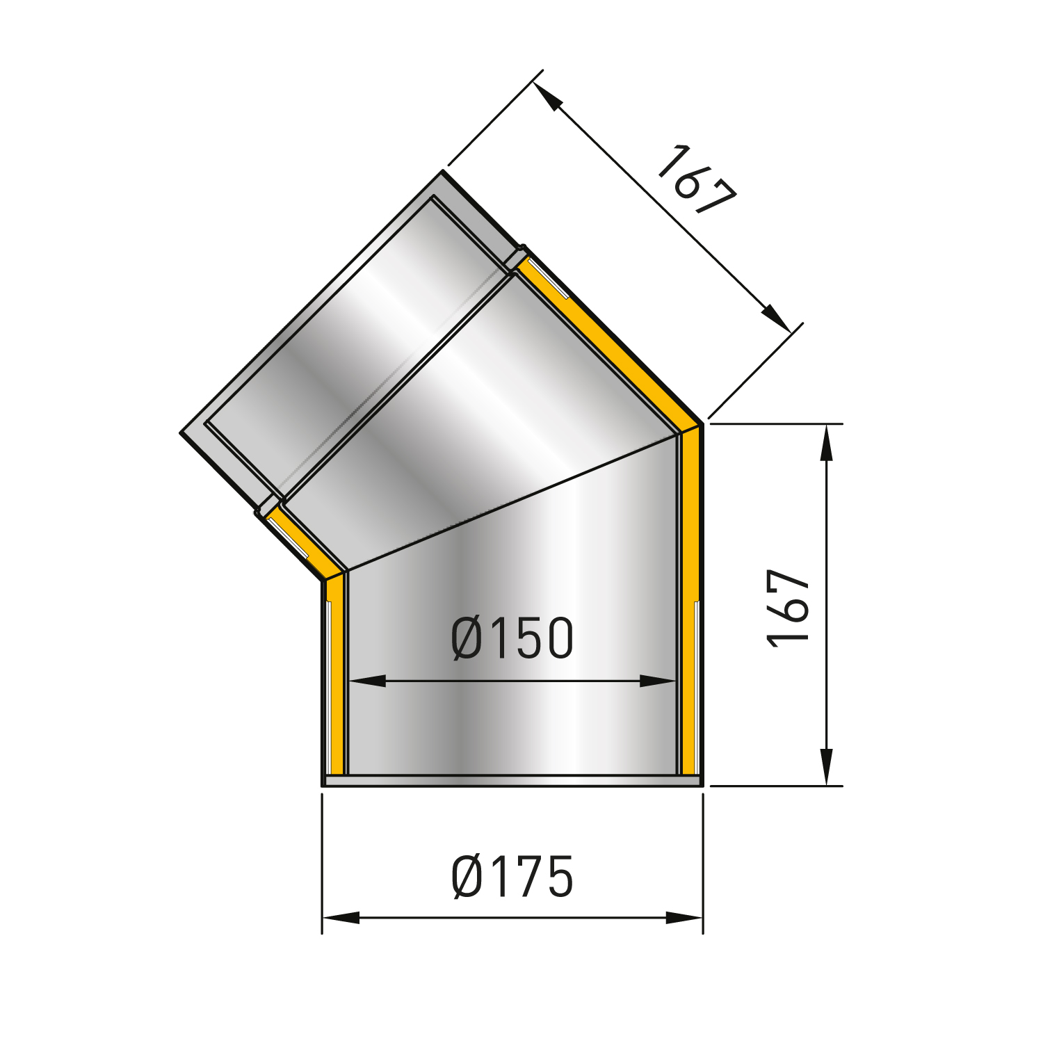 Raik Rauchrohrbogen / Ofenrohr Izoker doppelwandig mit Isolierung, Durchmesser 150 mm, 45°, Schwarz