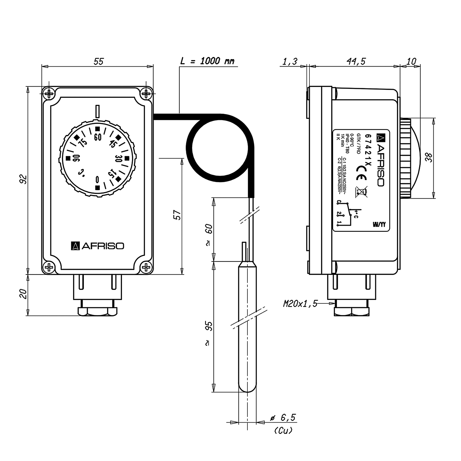 Afriso GTK Gehäusethermostat mit Kapillarleitung 2000 mm, Temperaturregler