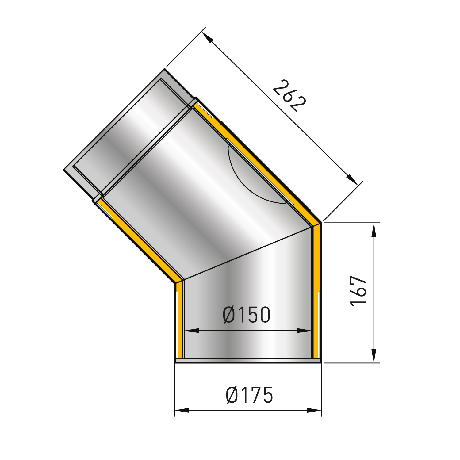 Raik Rauchrohrbogen / Ofenrohr Izoker doppelwandig mit Isolierung, Durchmesser 150 mm, 45°, Schwarz, mit Reinigungsöffnung