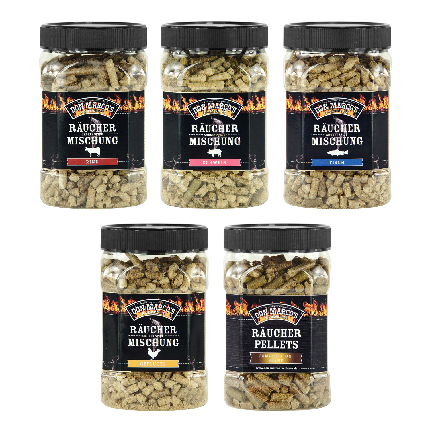 Don Marco´s Räucherpellets 5er-Set: Für Rind, für Schwein, für Fisch, für Geflügel und Competition Blend