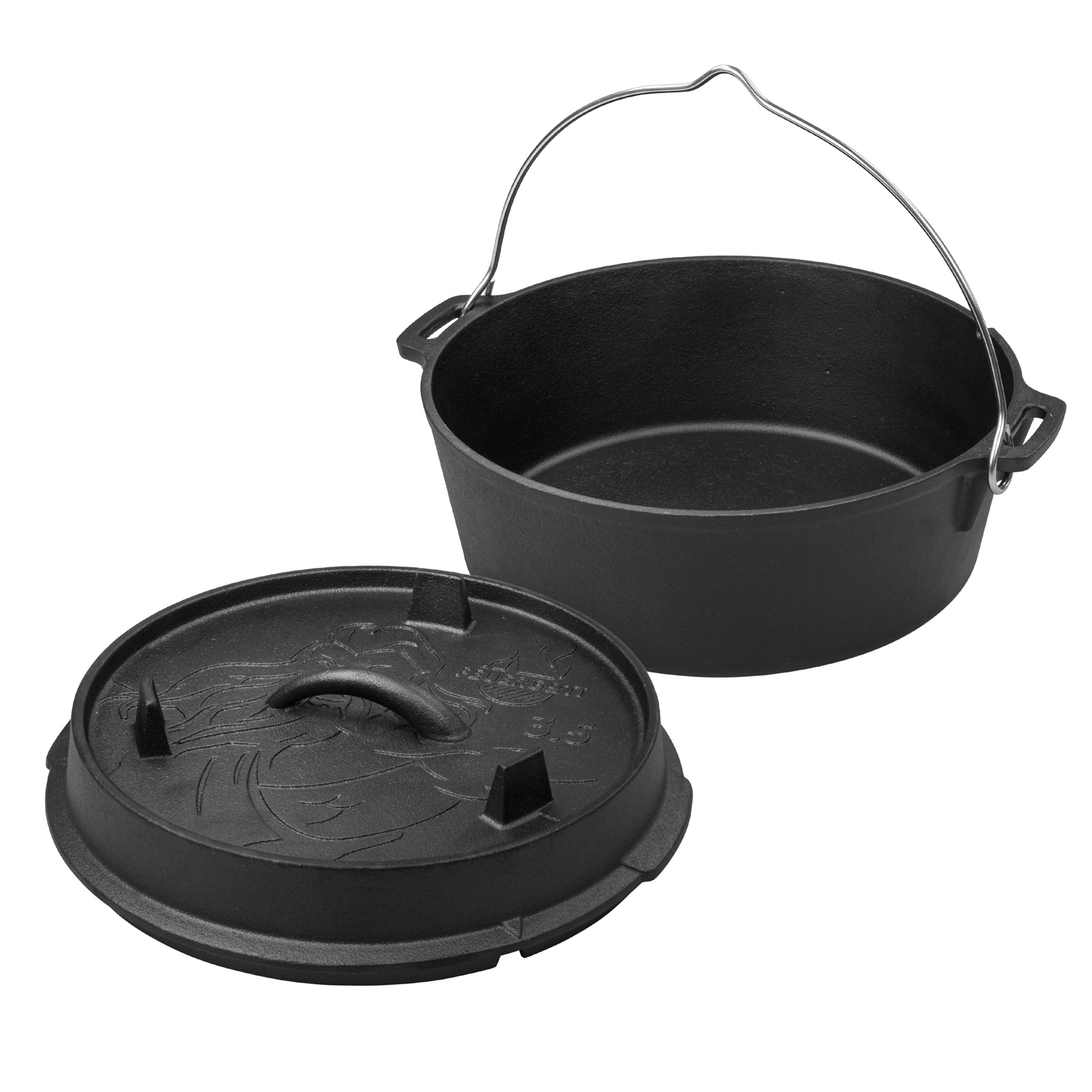 FEUERGOTT Dutch Oven 3,5 l + Dutch Oven 1,5 l + Deckelheber + Ringreiniger + Grill-Briketts