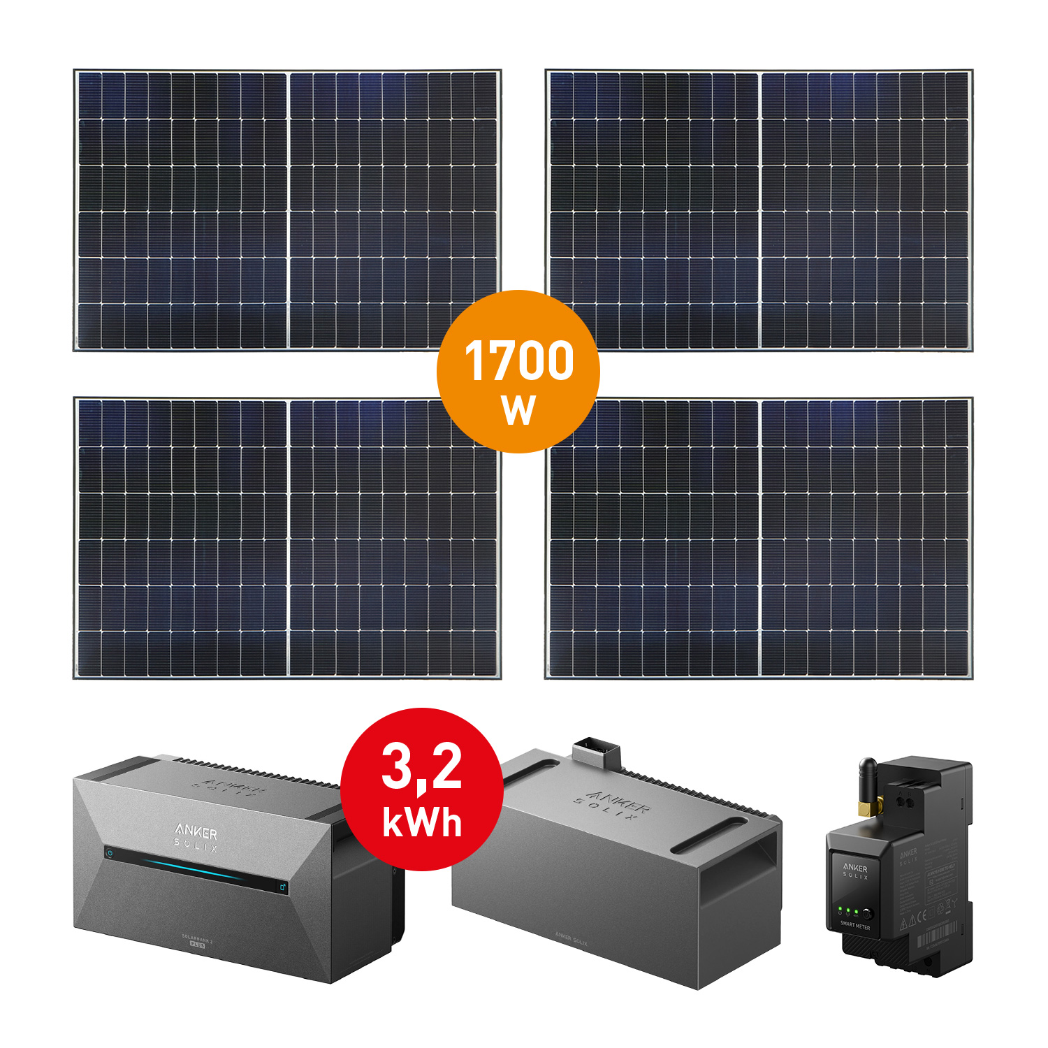 Balkonkraftwerk 1700 W mit Anker SOLIX 2 E1600 PRO Speicher (4x Solarpanel 425 W) + 1x BP1600 Speichererweiterung