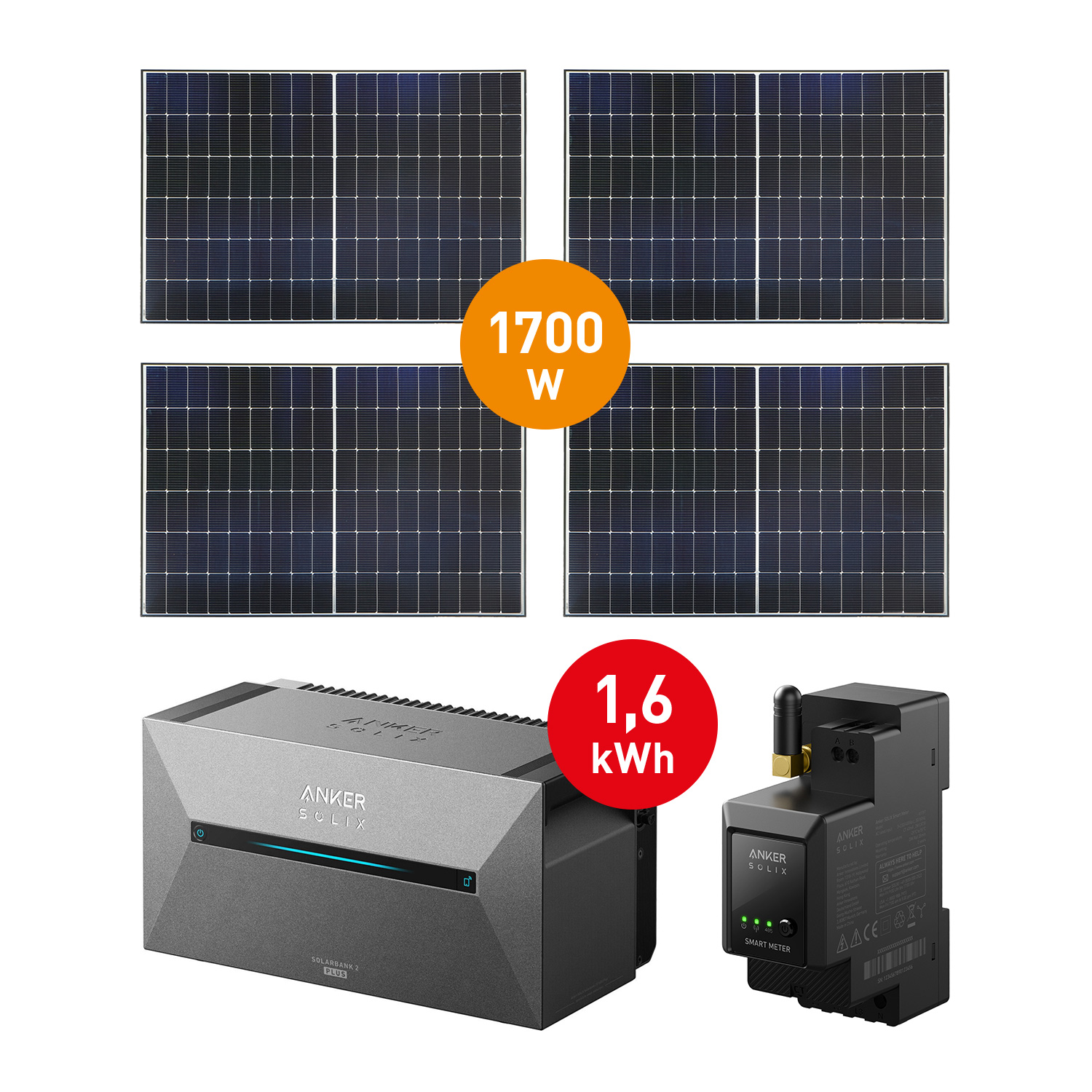 Balkonkraftwerk 1700 W mit Anker SOLIX 2 E1600 PRO Speicher (4x Solarpanel 425 W)