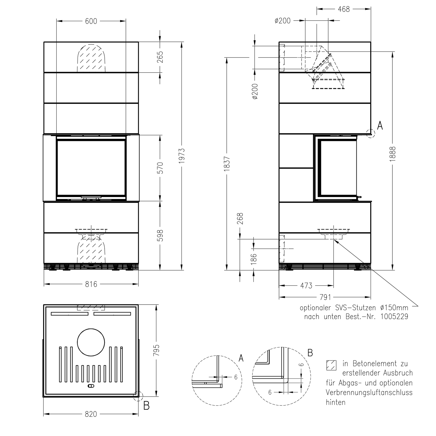 Spartherm Kaminbausatz SIM 1/3/Arte 3RL-60h-4S Natur