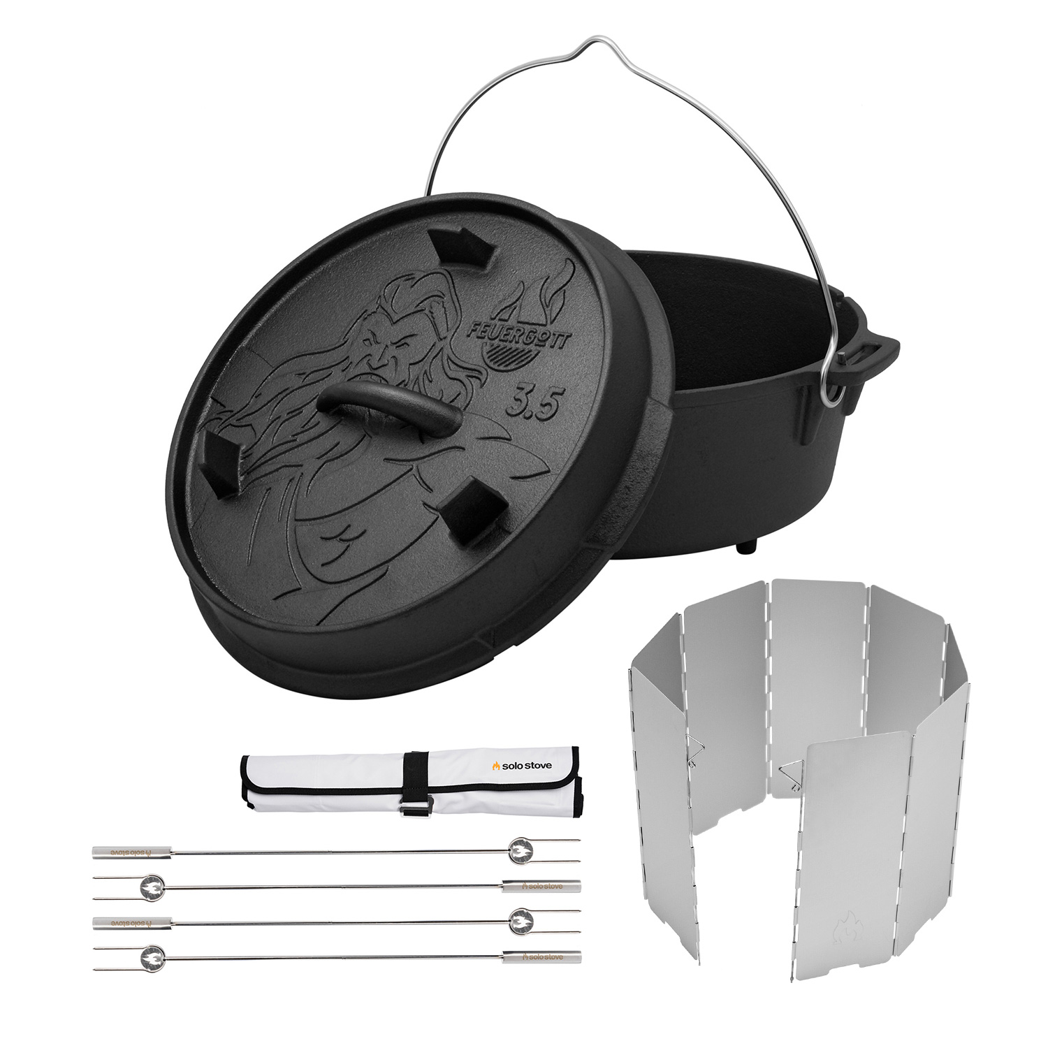 FEUERGOTT Dutch Oven 3,5 l mit Füßen + Solo Stove Grillspieße + Windschutz