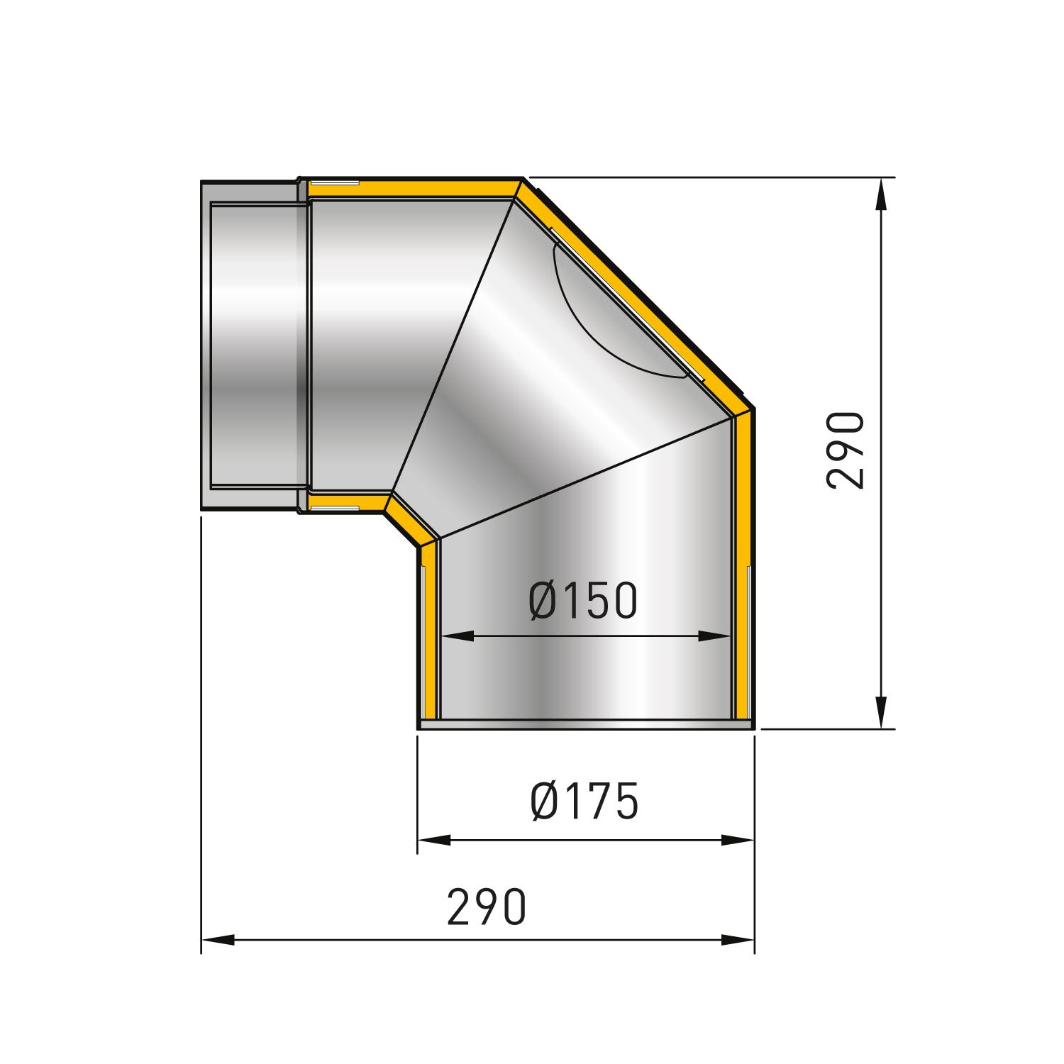 Raik Rauchrohrbogen / Ofenrohr Izoker doppelwandig mit Isolierung, Durchmesser 150 mm, 90°, Schwarz, mit Reinigungsöffnung