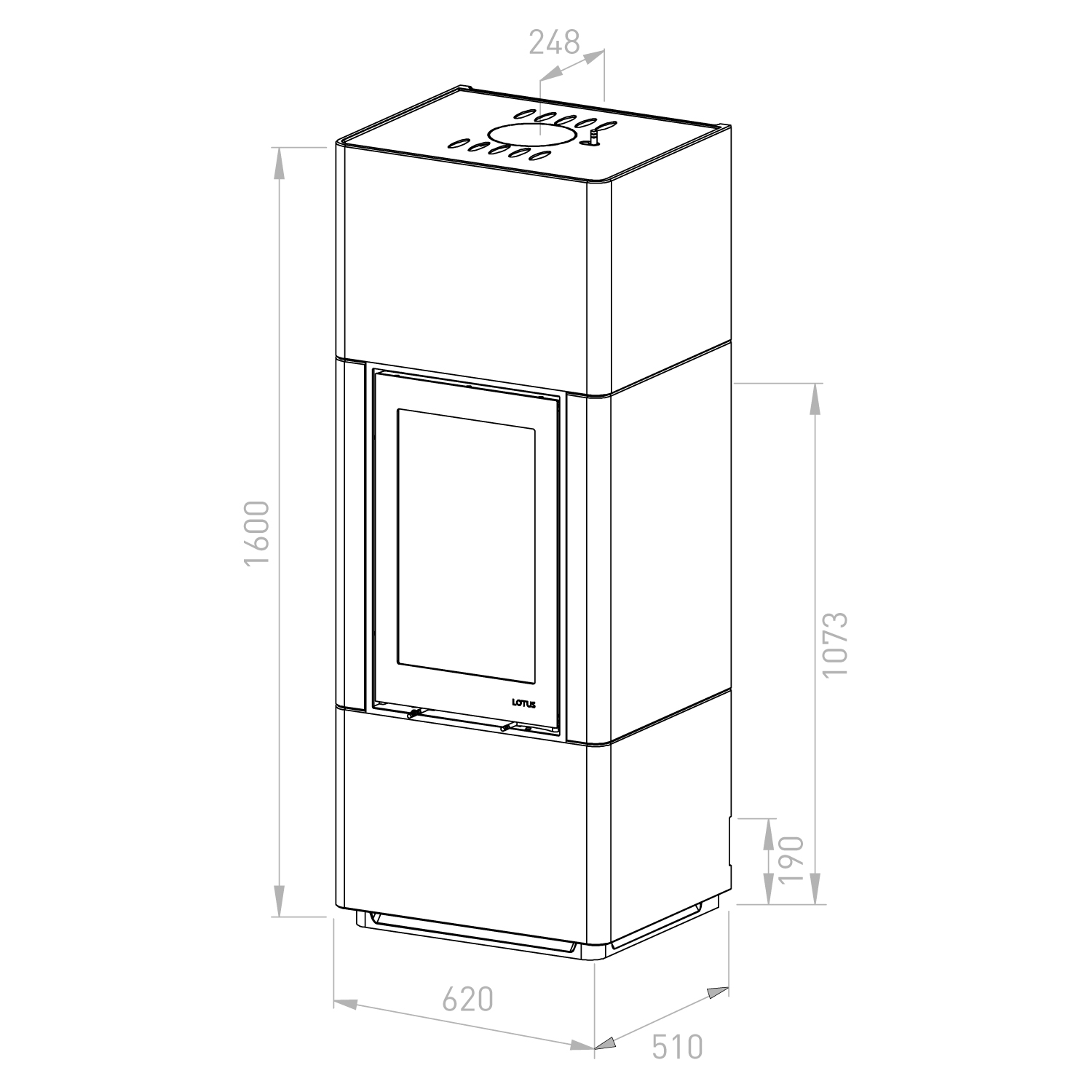 Lotus Beto 700 Kaminofen Magic Tür, Topplatte grau, Rauchabgang hinten