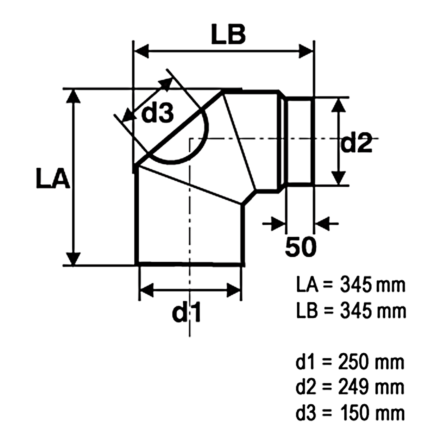 Raik Rauchrohrbogen / Ofenrohr 250mm - 90° mit Reinigungsöffnung schwarz