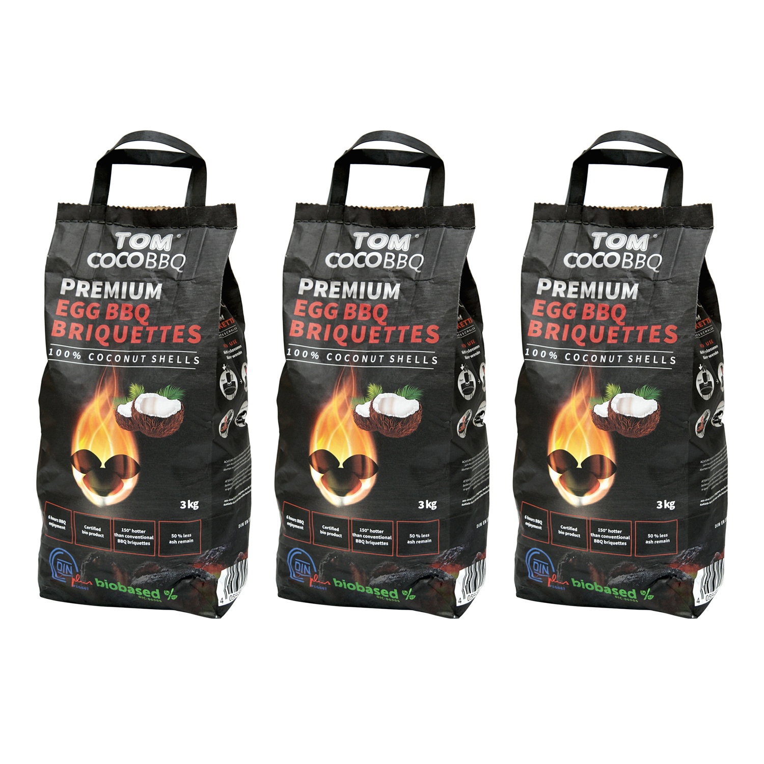 TOM COCO Grill-Kokoskohle Briketts, Eiform, 3 x 3 kg (9 kg)