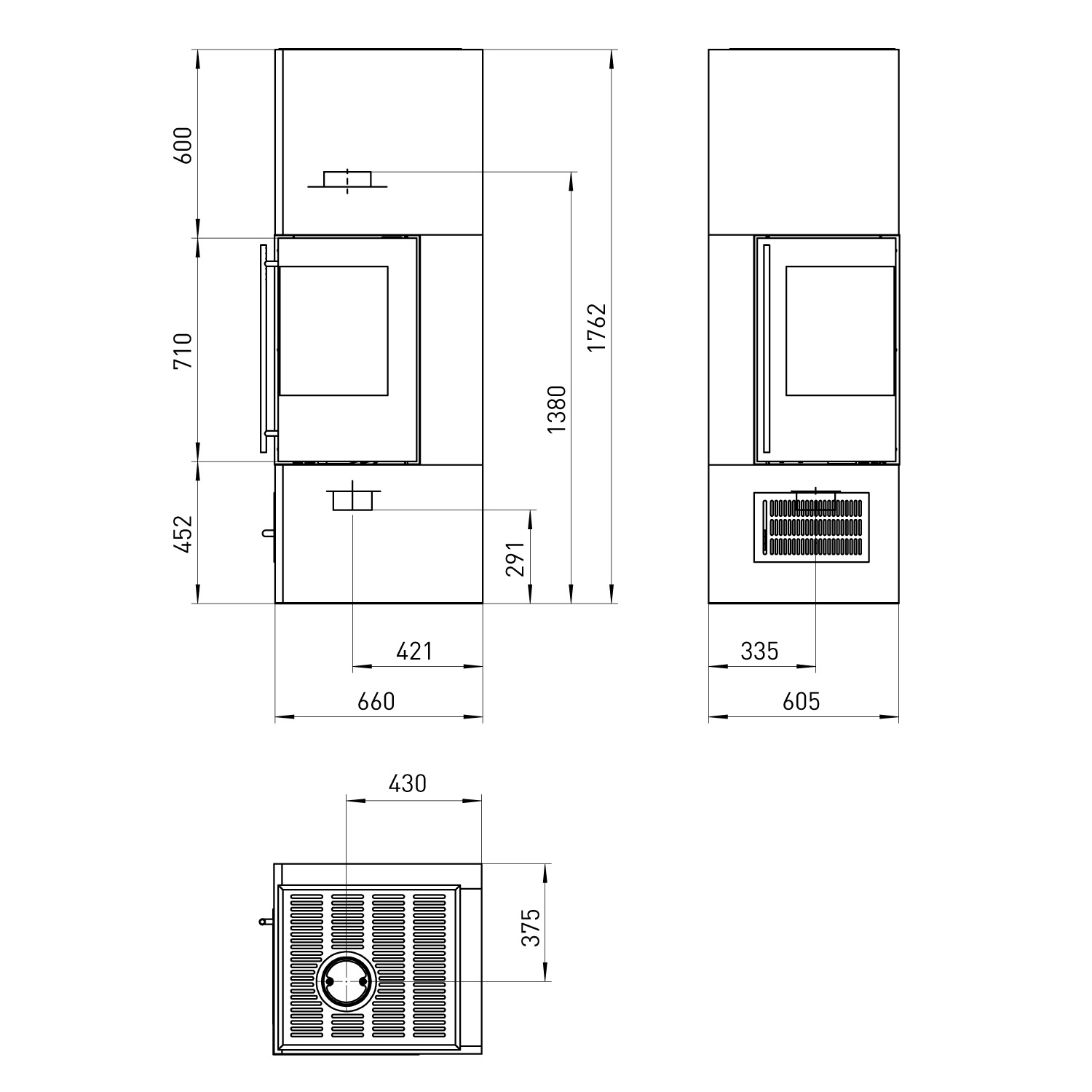 Olsberg Aracar Compact Kaminofen Türanschlag rechts, 10mm Putzrahmen, Lufteinlassgitter Glas Schwarz