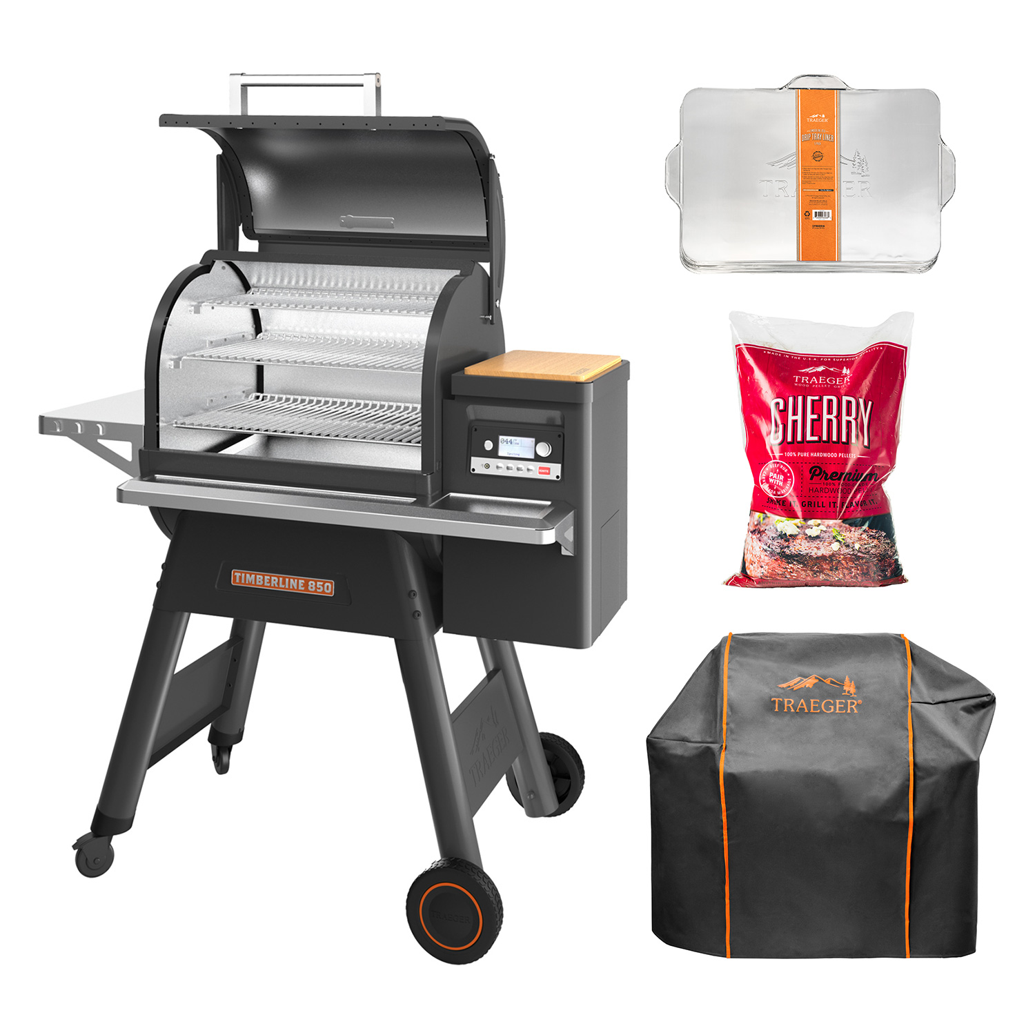 Traeger TIMBERLINE 850 Pellet Grill schwarz inkl. Abdeckhaube, Ablaufblech-Schutzfolie + Hartholz Pellets Cherry 9 kg