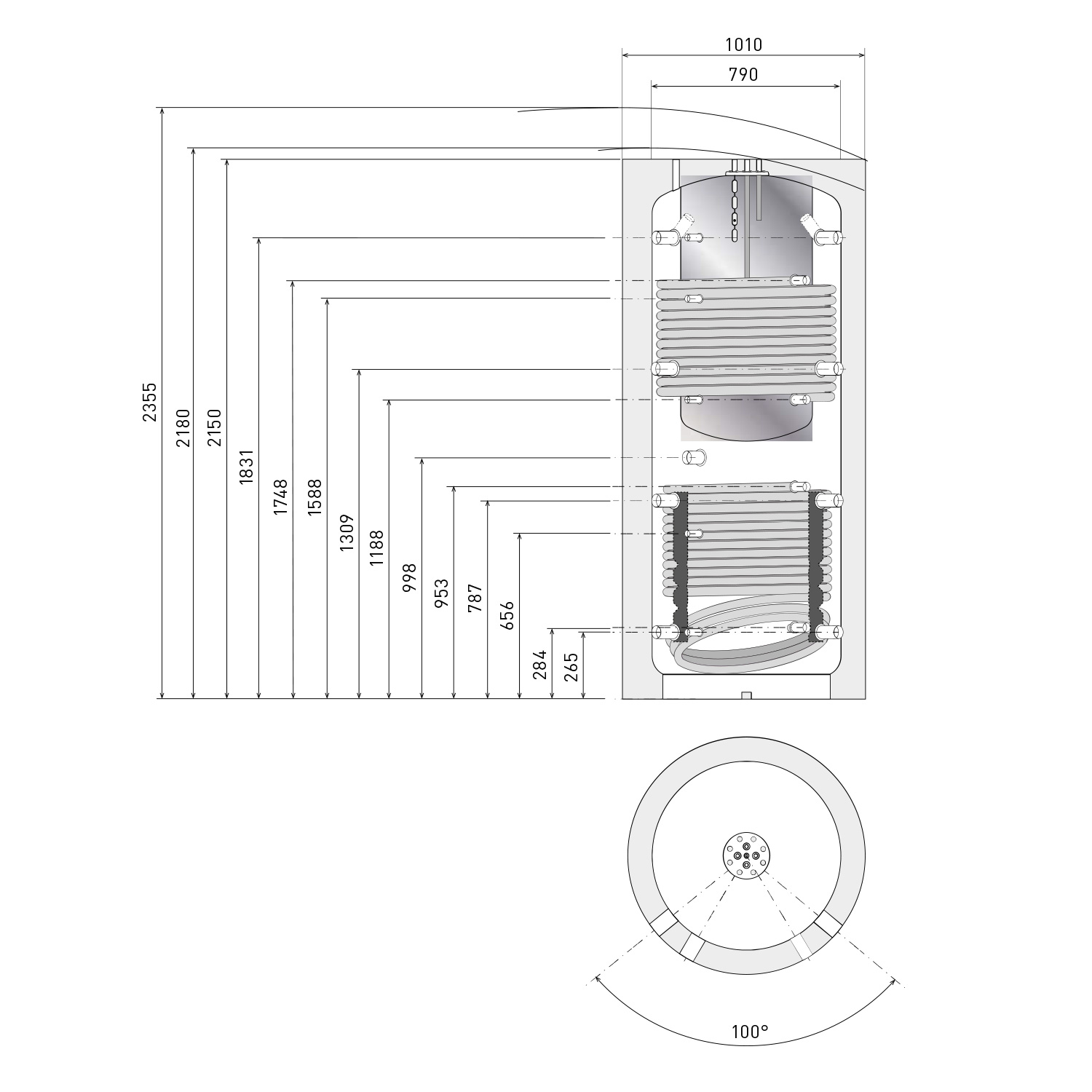 Termoventiler Laddotank Combi 3 1000 (946 Liter) Pufferspeicher mit Brauchwasser und 2 Solarwärmetauschern