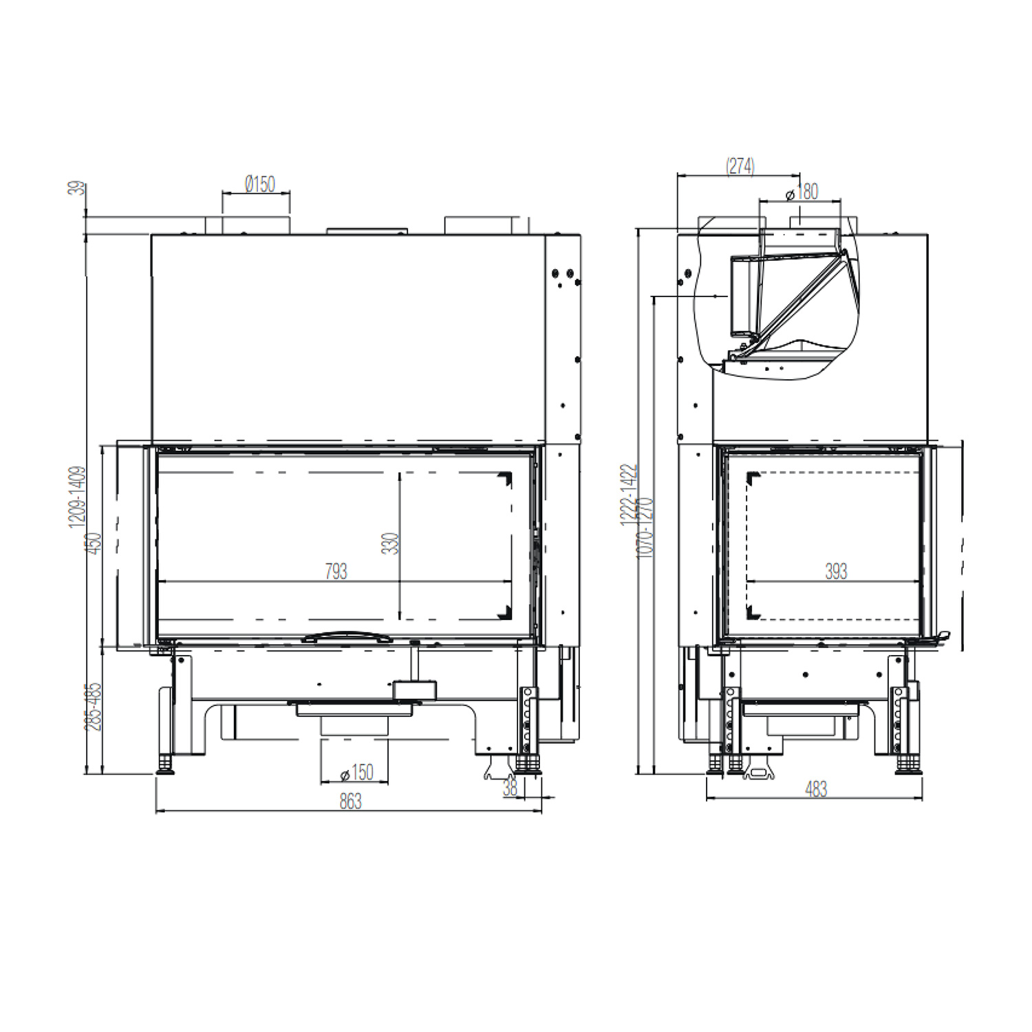 Austroflamm 89x49x45 S 2.0 Kamineinsatz Ecke links Feuerraum Schwarz