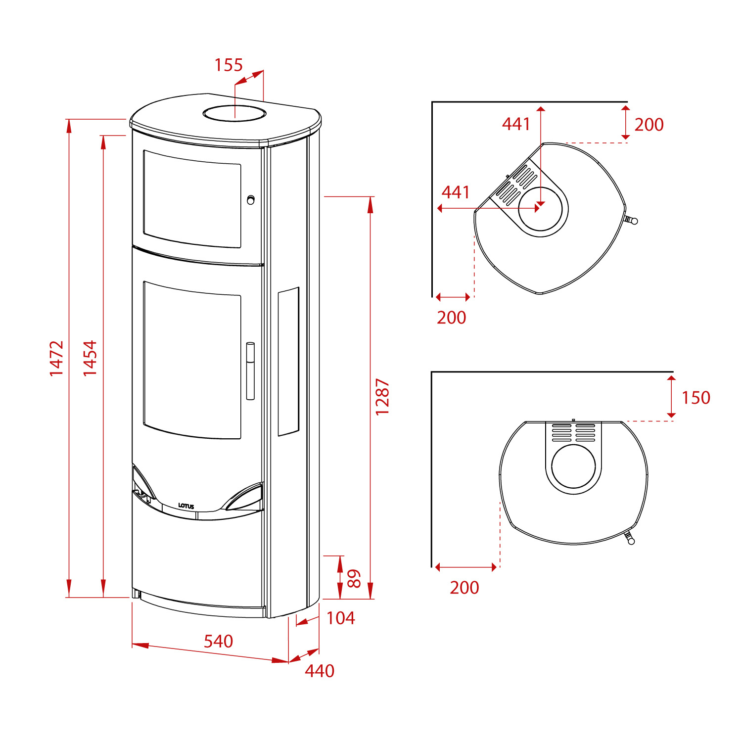 Lotus Prio 7 Kaminofen Grau / Seitenglas mit Backfach, Rauchabgang hinten