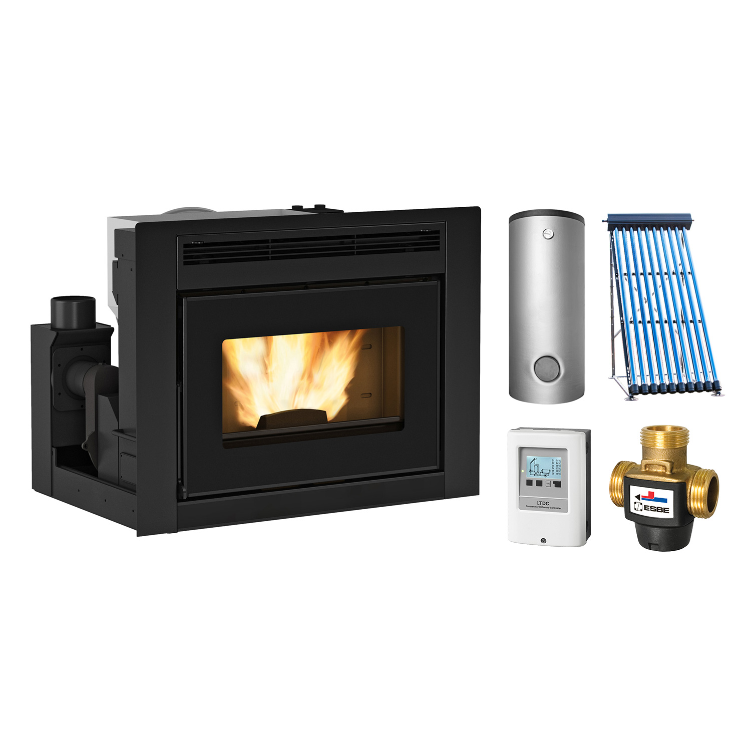 Extraflame Comfort Idro L80 Wasserführender Pellet-Kamineinsatz + Solarthermie-Set 2 (11 m²) + Kombispeicher THKE 600 + 1 SWT