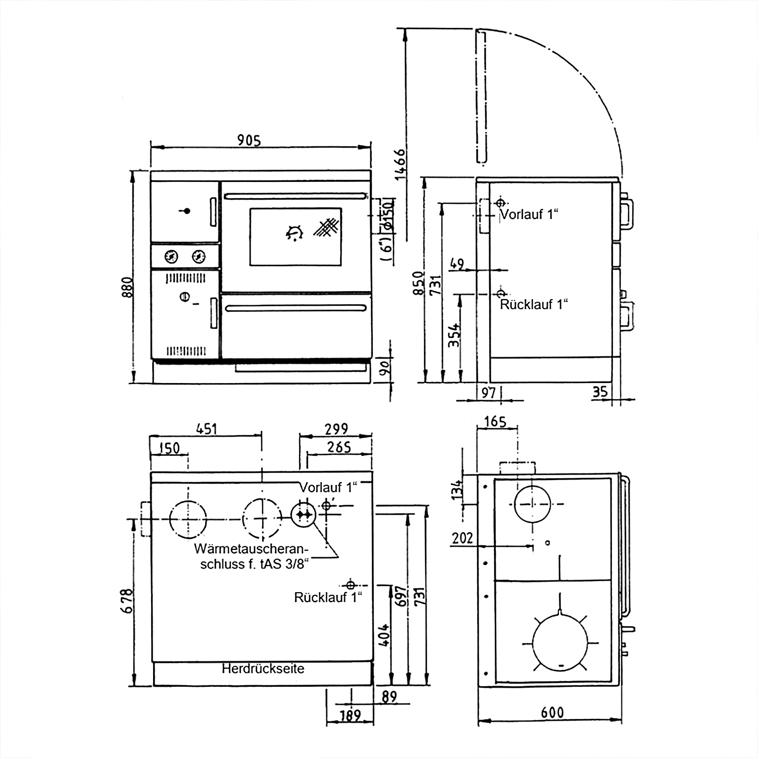 Wamsler K 148 Küchenofen wasserführend Maron, Rauchrohr rechts