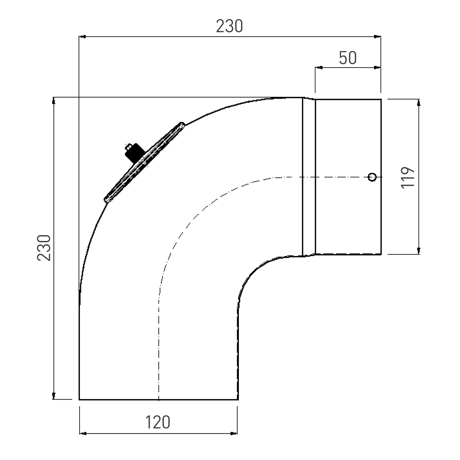 Raik Rauchrohrbogen / Ofenrohrbogen Emaille 120mm - 90° Bogen glatt Schwarz mit Reinigungsöffnung