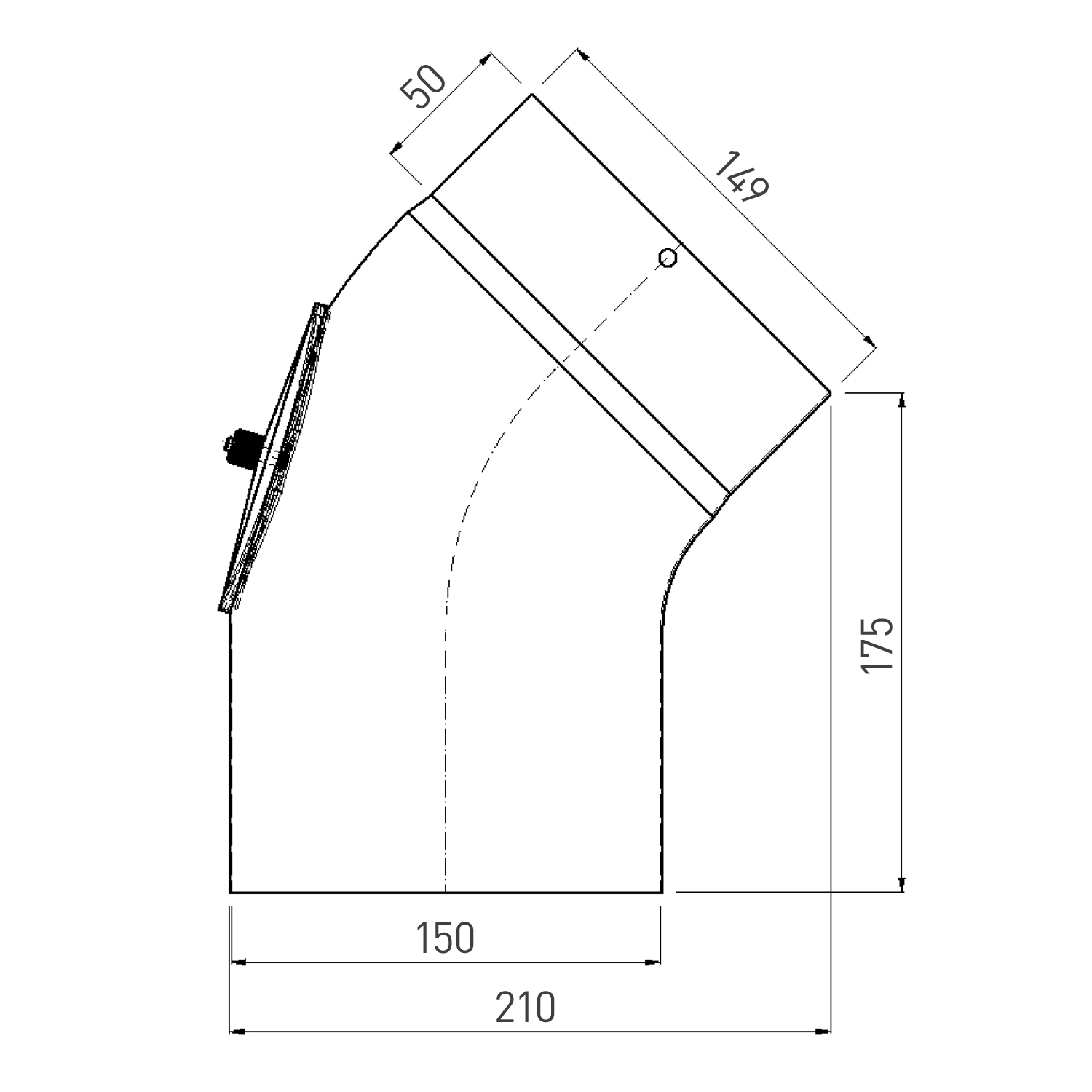 Raik Rauchrohrbogen / Ofenrohrbogen Emaille 150mm - 45° Bogen glatt Schwarz mit Reinigungsöffnung