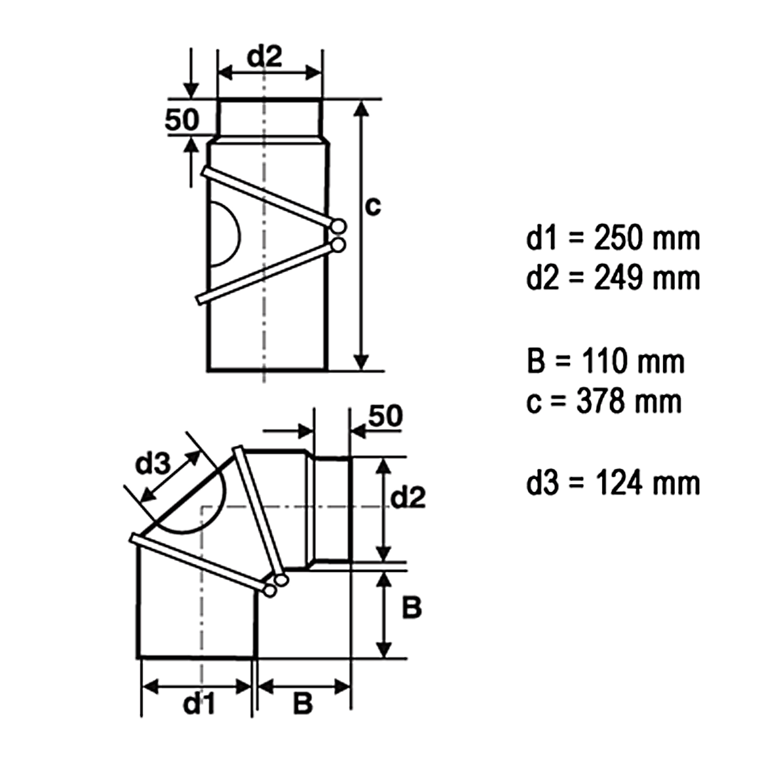 Raik Rauchrohrbogen / Ofenrohr 250mm - 0° - 90° mit Reinigungsöffnung schwarz