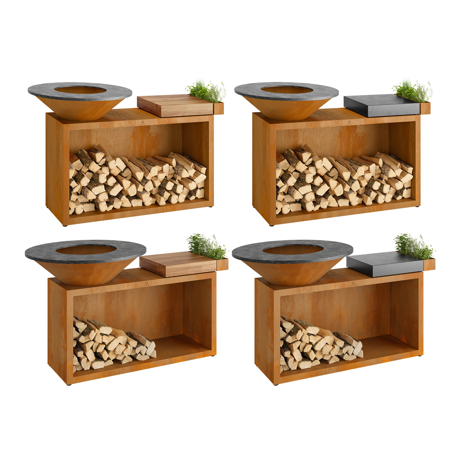 OFYR Island Corten 85 Grill & Feuerstelle mit Arbeitsplatte Teakholz