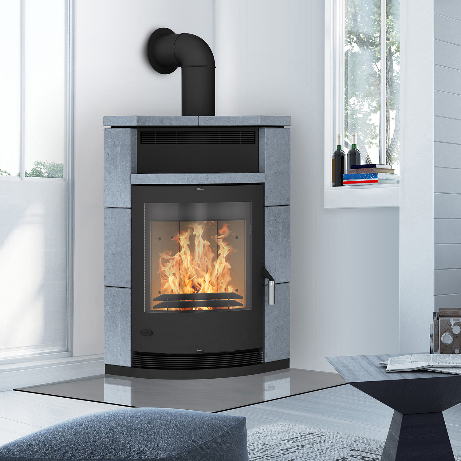 Fireplace Lyon Eckkaminofen Stahl Schwarz | Speckstein