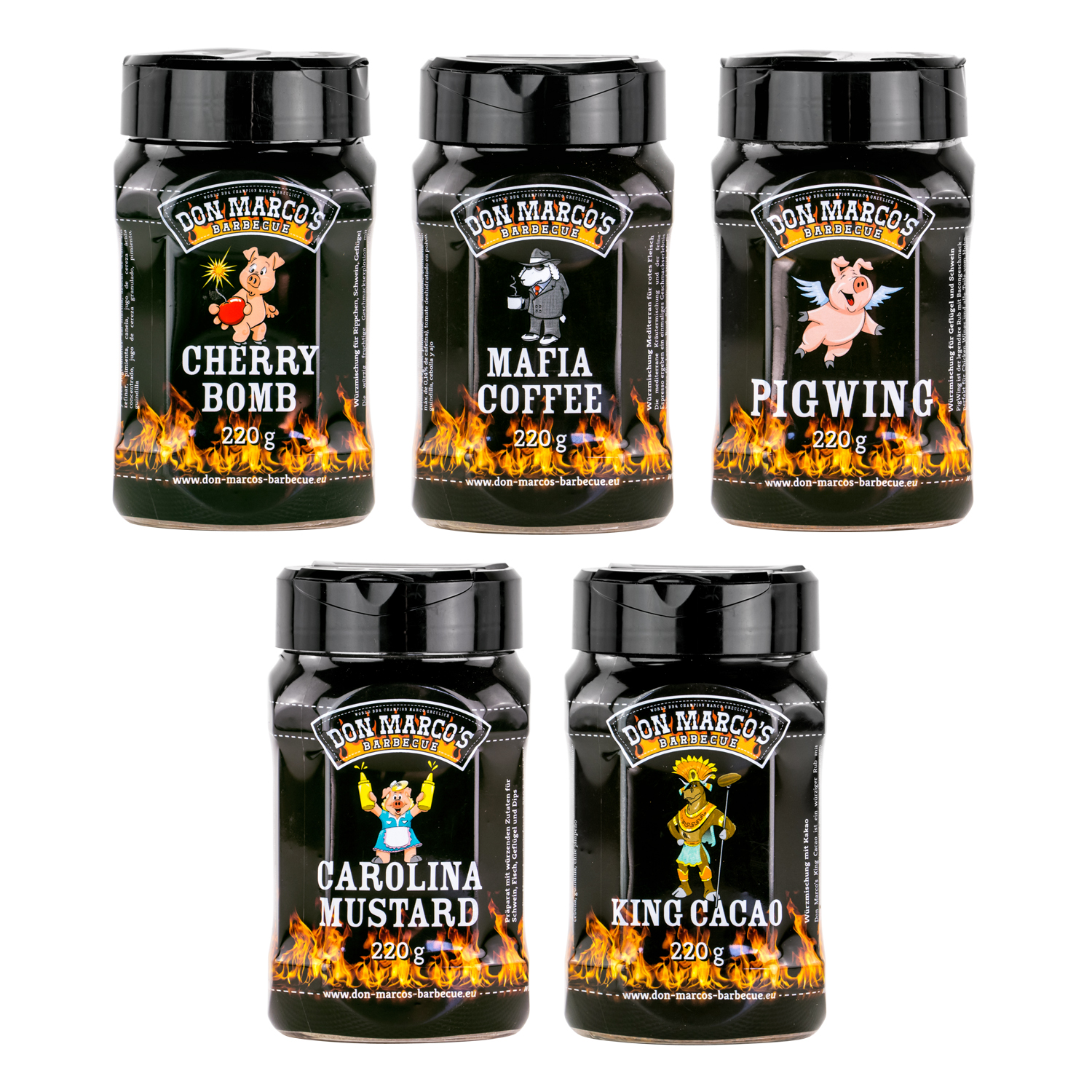 Don Marco´s Rub-Set: Cherry Bomb, Mafia Coffee, PigWing® Seasoning, Carolina Mustard & King Cacao