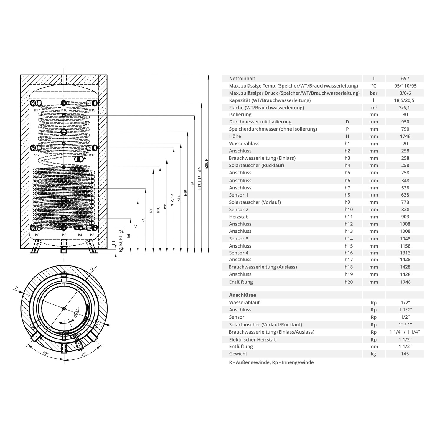 Hygiene-Schichtenkombispeicher FISH S9 U 800 mit einem Wärmetauscher