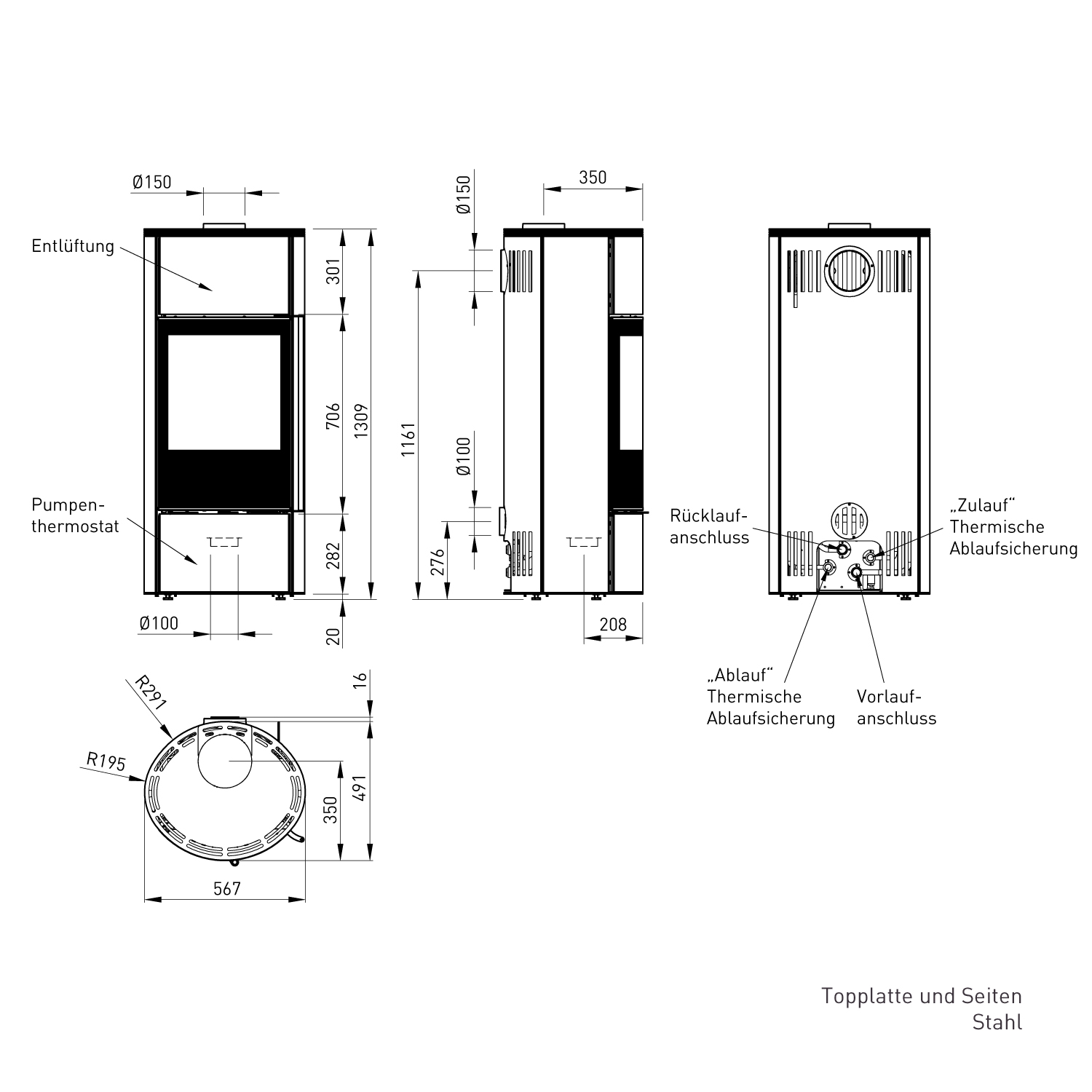 Spartherm Senso M H2O wasserführender Kaminofen Titan / Nero