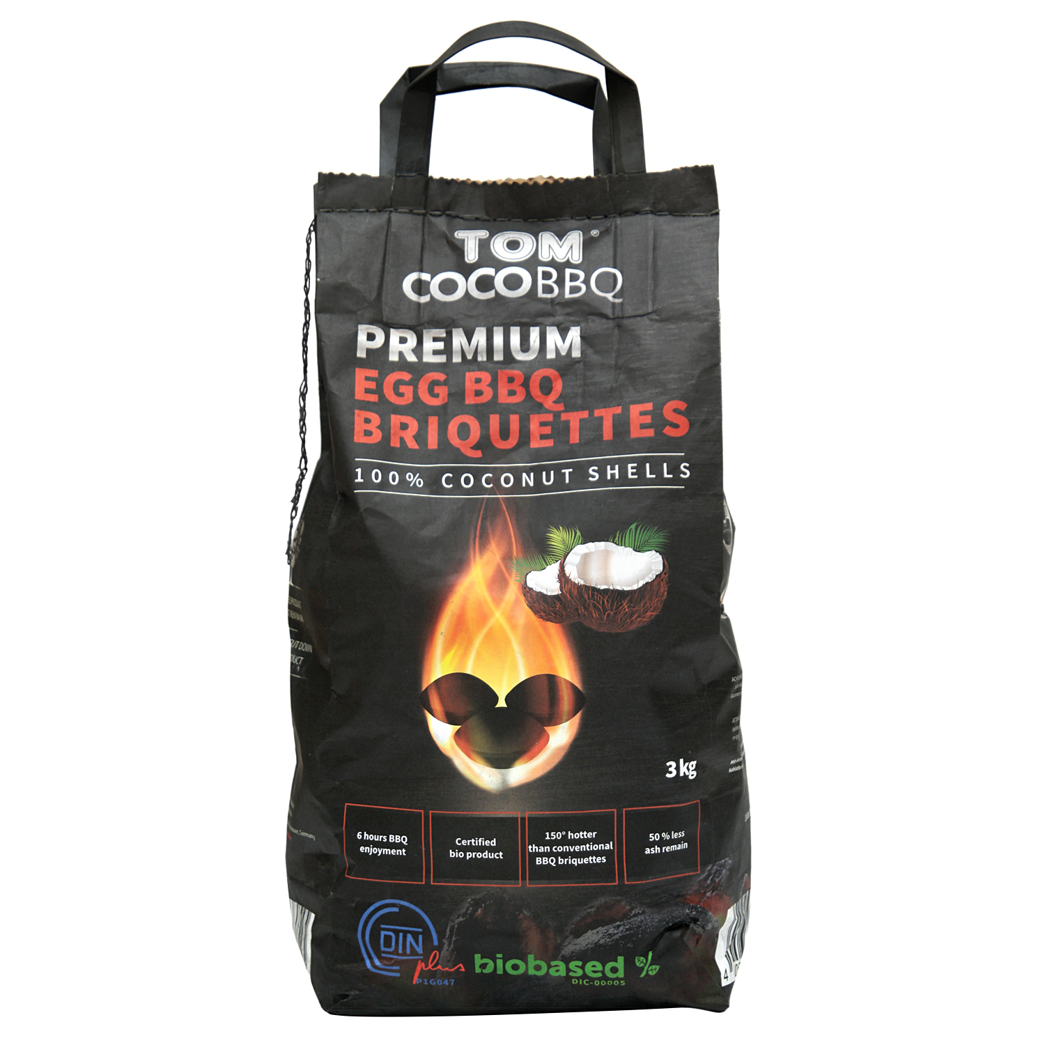 TOM COCO Grill-Kokoskohle Briketts, Eiform, 3 x 3 kg (9 kg)