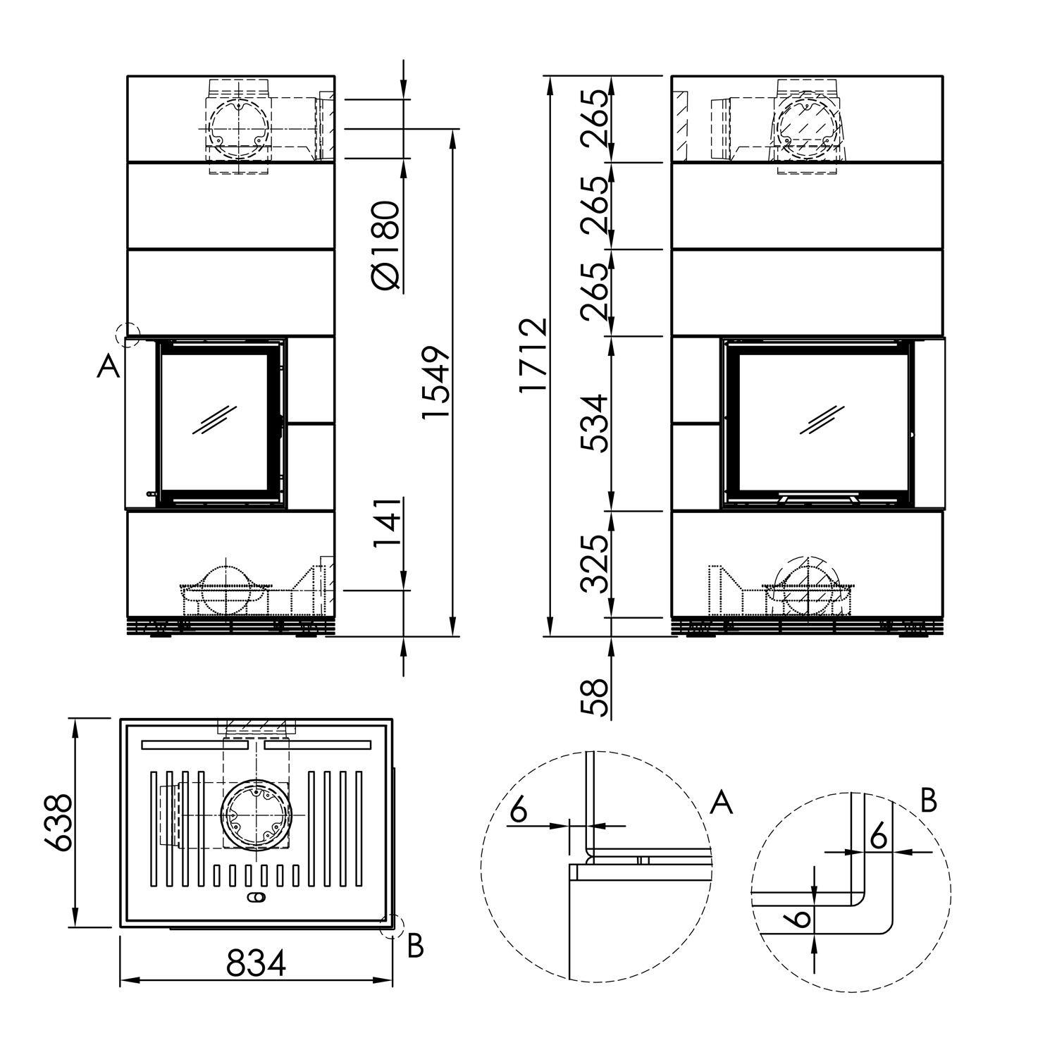 Spartherm wasserführender Kaminbausatz SIM 1/3 Varia 2R 55h-4S H2O Natur